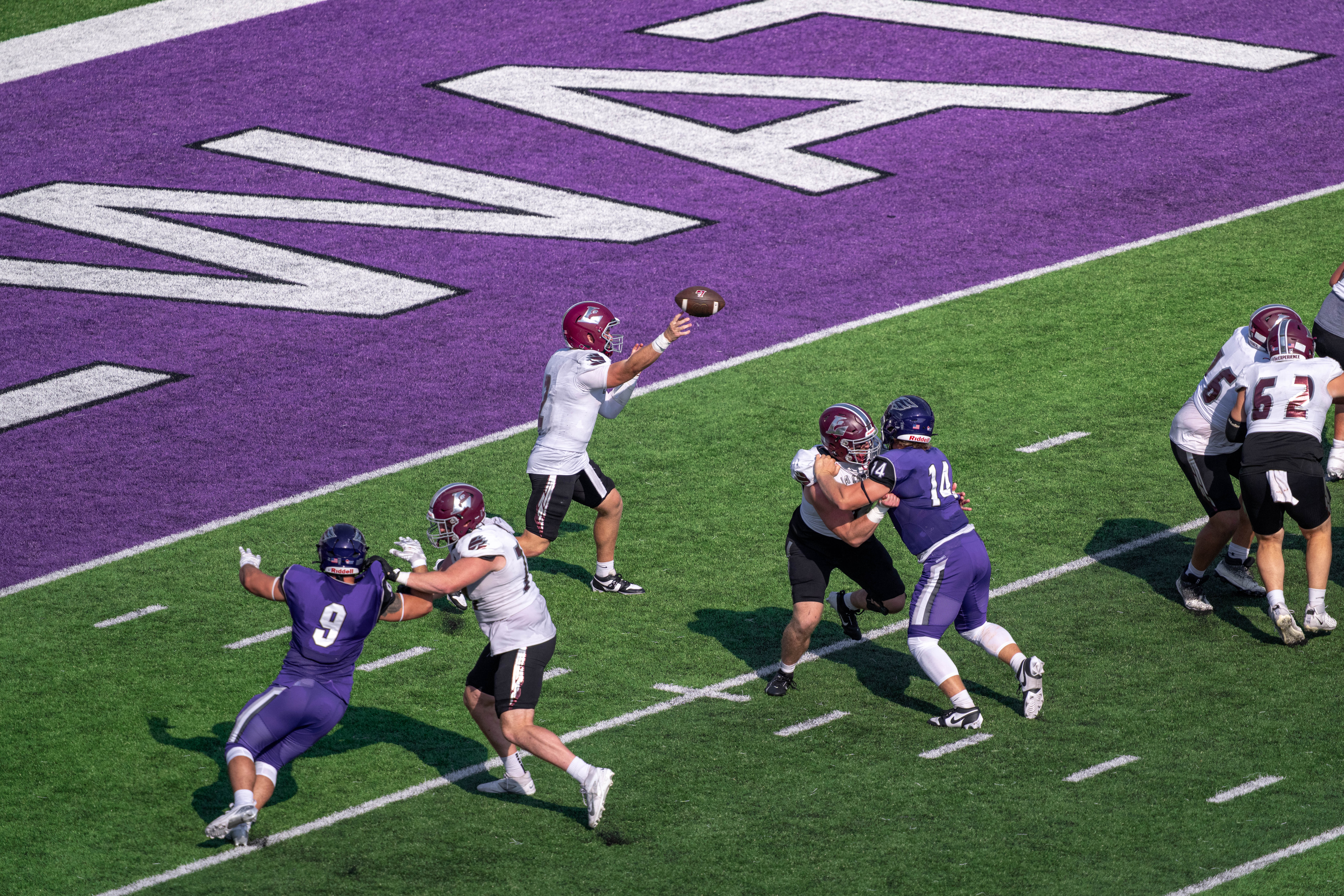 Oct 4, 2025; Whitewater, Wisconsin, USA; University of Wisconsin-La Crosse Eagles quarterback Kyle Haas (2) attempts a pass durning a college football game between the University of Wisconsin-Whitewater Warhawks and the University of Wisconsin-La Crosse Eagles at Perkins Stadium on October 04, 2025 in Whitewater, Wisconsin. Photography by Ross Harried for Second Crop Sports.