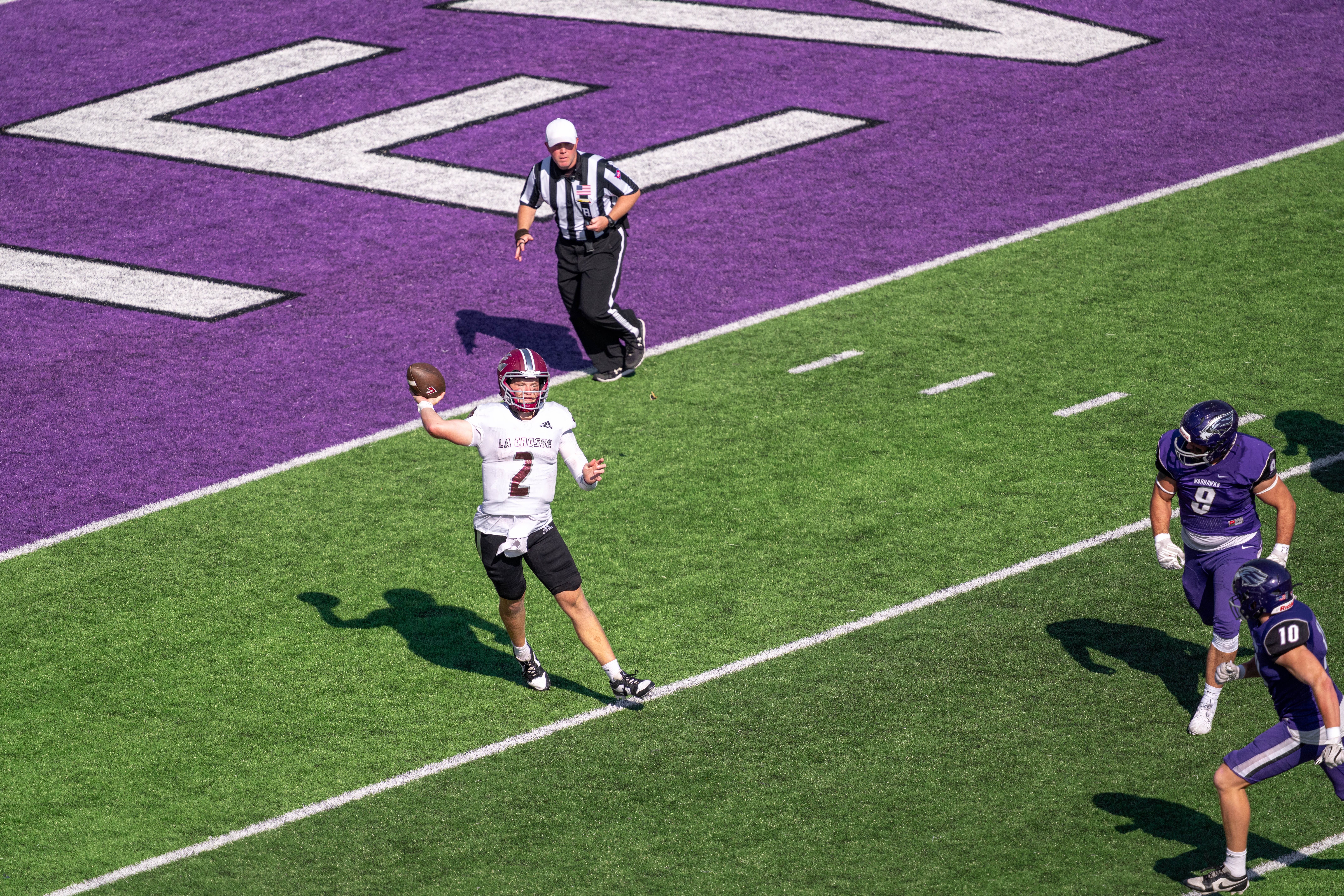 Oct 4, 2025; Whitewater, Wisconsin, USA; University of Wisconsin-La Crosse Eagles quarterback Kyle Haas (2) attempts a pass durning a college football game between the University of Wisconsin-Whitewater Warhawks and the University of Wisconsin-La Crosse Eagles at Perkins Stadium on October 04, 2025 in Whitewater, Wisconsin. Photography by Ross Harried for Second Crop Sports.