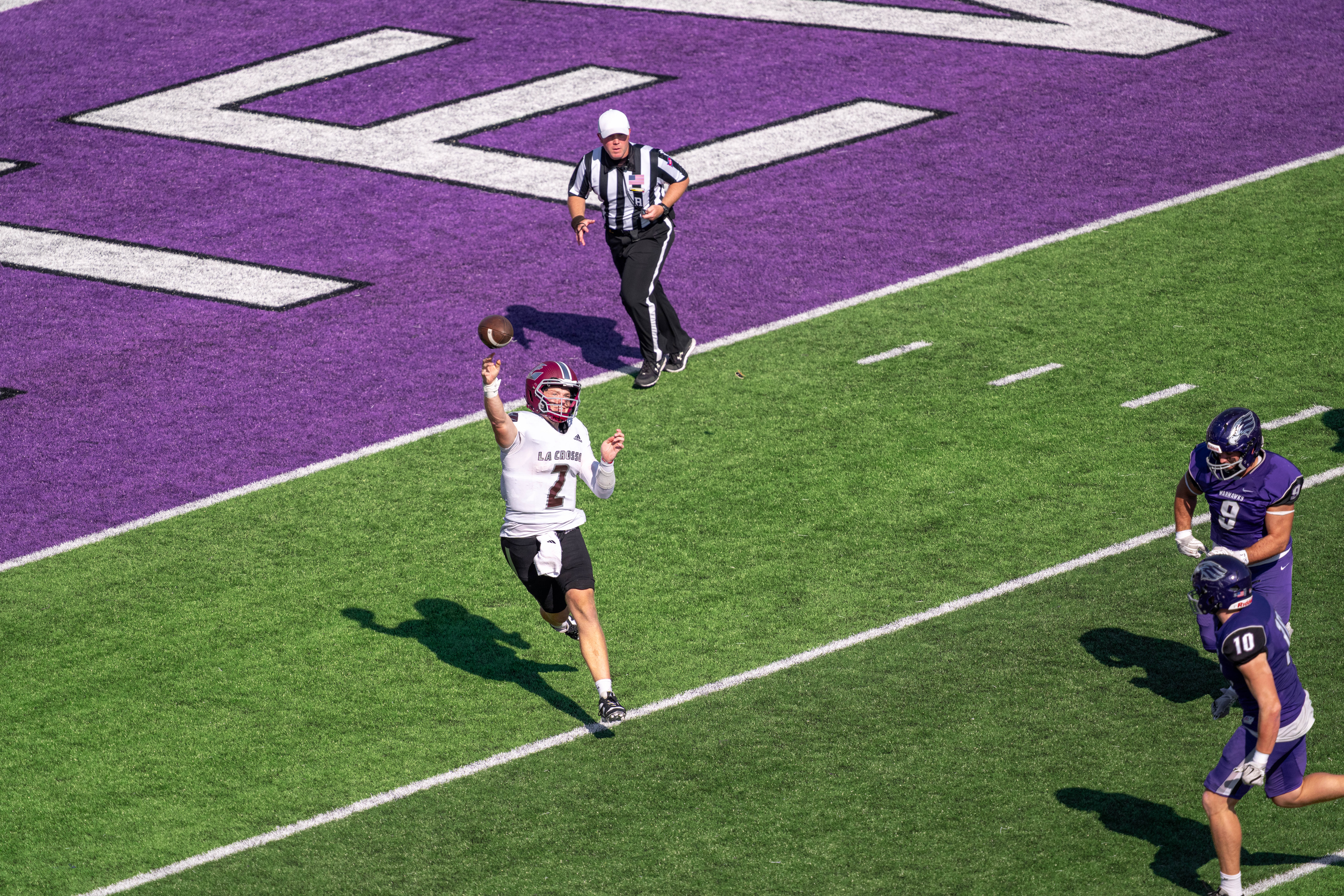 Oct 4, 2025; Whitewater, Wisconsin, USA; University of Wisconsin-La Crosse Eagles quarterback Kyle Haas (2) attempts a pass durning a college football game between the University of Wisconsin-Whitewater Warhawks and the University of Wisconsin-La Crosse Eagles at Perkins Stadium on October 04, 2025 in Whitewater, Wisconsin. Photography by Ross Harried for Second Crop Sports.
