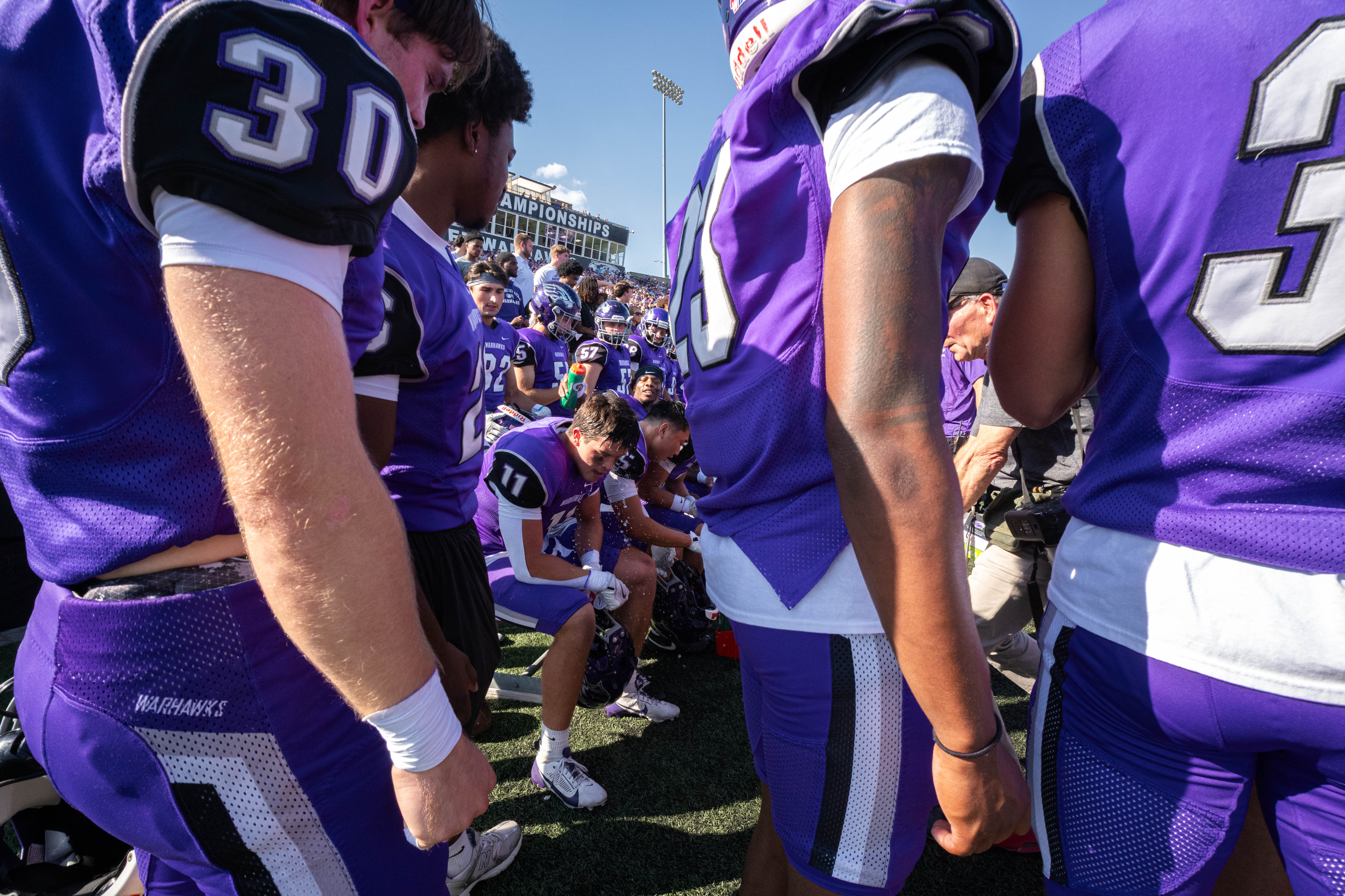 Oct 4, 2025; Whitewater, Wisconsin, USA; A college football game between the University of Wisconsin-Whitewater Warhawks and the University of Wisconsin-La Crosse Eagles at Perkins Stadium on October 04, 2025 in Whitewater, Wisconsin. Photography by Ross Harried for Second Crop Sports.