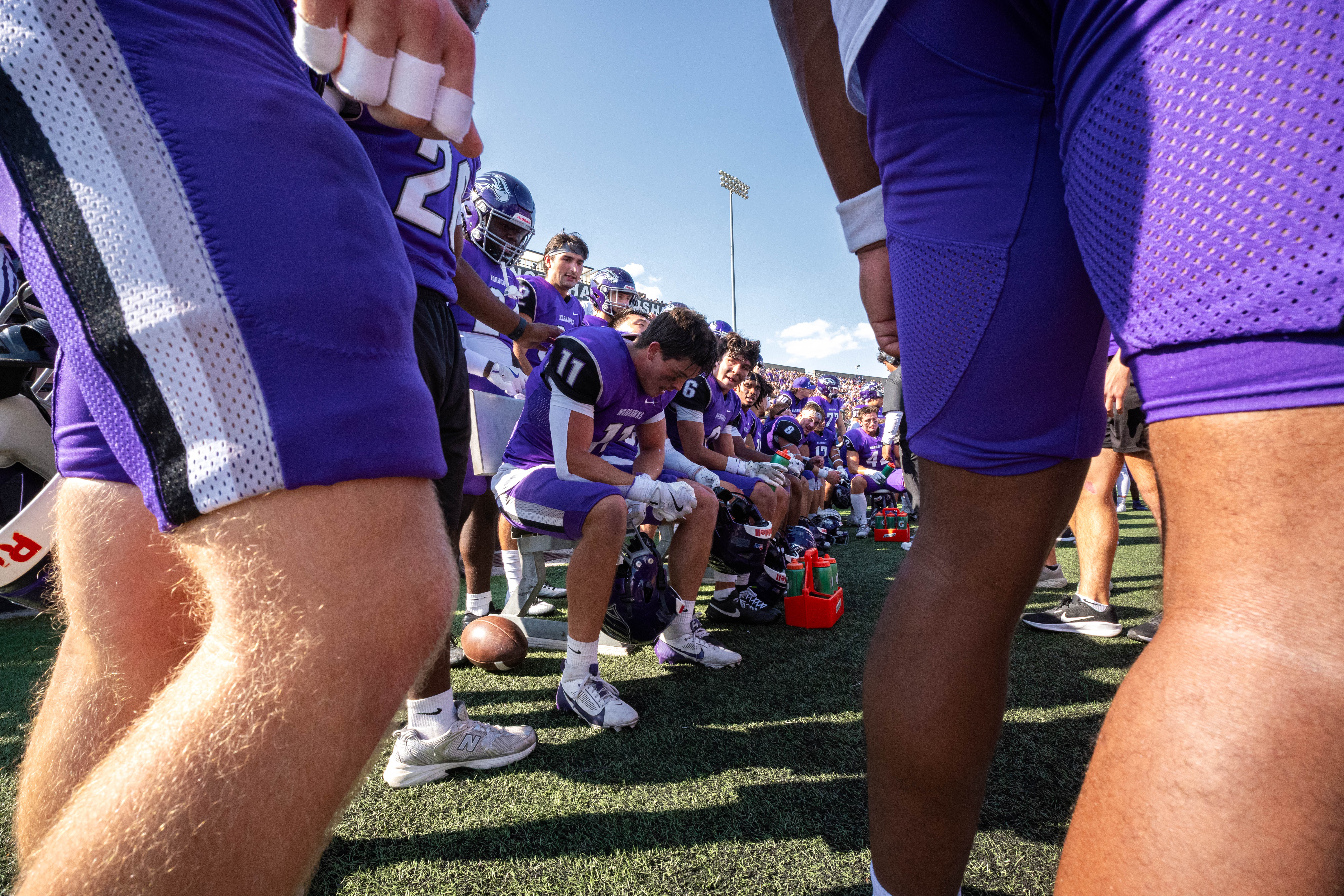 Oct 4, 2025; Whitewater, Wisconsin, USA; A college football game between the University of Wisconsin-Whitewater Warhawks and the University of Wisconsin-La Crosse Eagles at Perkins Stadium on October 04, 2025 in Whitewater, Wisconsin. Photography by Ross Harried for Second Crop Sports.