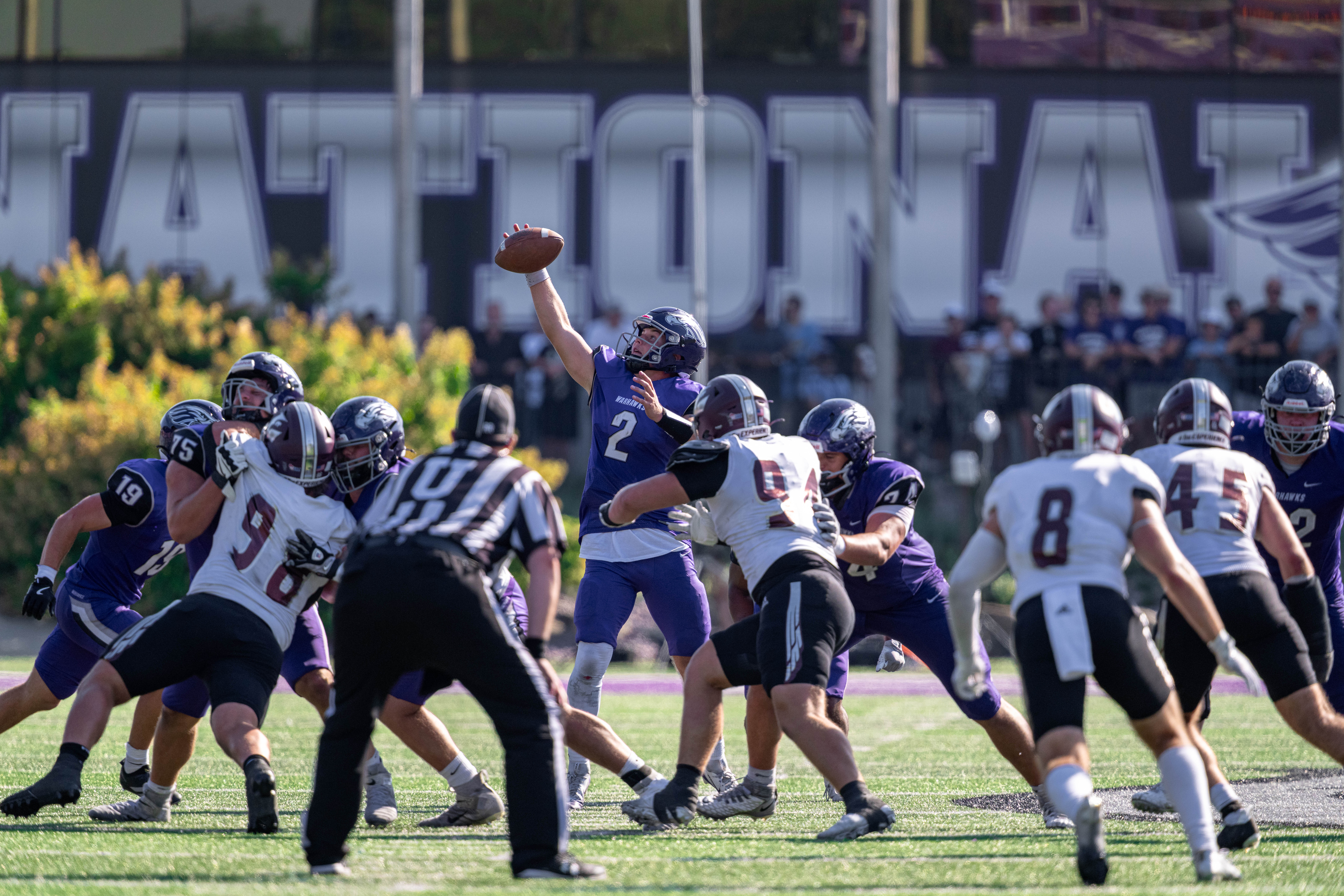 Oct 4, 2025; Whitewater, Wisconsin, USA; University of Wisconsin-Whitewater Warhawks quarterback Justin Klinkner (2) reaches for a high snap durning a college football game between the University of Wisconsin-Whitewater Warhawks and the University of Wisconsin-La Crosse Eagles at Perkins Stadium on October 04, 2025 in Whitewater, Wisconsin. Photography by Ross Harried for Second Crop Sports.