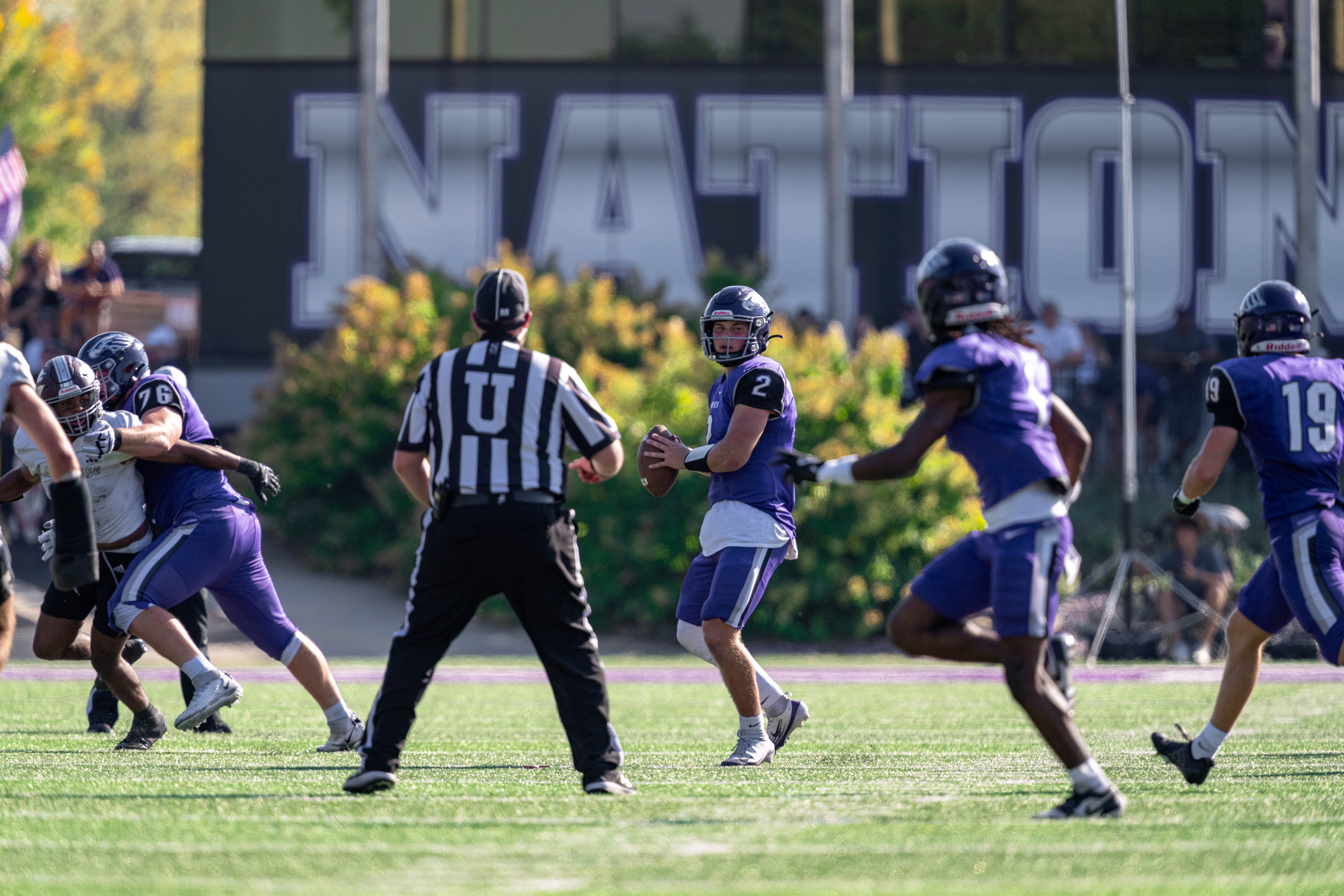 Oct 4, 2025; Whitewater, Wisconsin, USA; University of Wisconsin-Whitewater Warhawks quarterback Justin Klinkner (2) looks to pass durning a college football game between the University of Wisconsin-Whitewater Warhawks and the University of Wisconsin-La Crosse Eagles at Perkins Stadium on October 04, 2025 in Whitewater, Wisconsin. Photography by Ross Harried for Second Crop Sports.