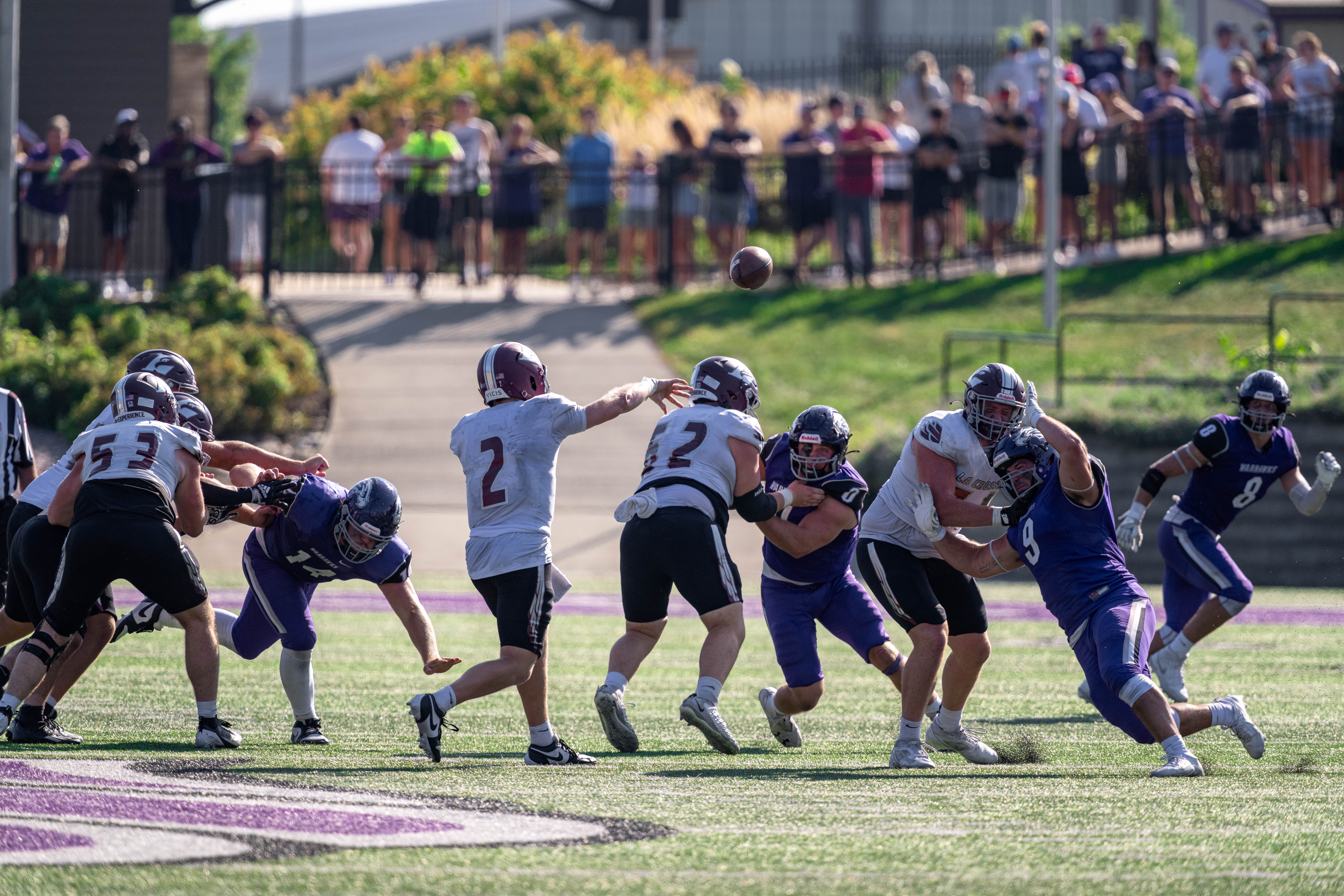 Oct 4, 2025; Whitewater, Wisconsin, USA; University of Wisconsin-La Crosse Eagles quarterback Kyle Haas (2) attempts a pass durning a college football game between the University of Wisconsin-Whitewater Warhawks and the University of Wisconsin-La Crosse Eagles at Perkins Stadium on October 04, 2025 in Whitewater, Wisconsin. Photography by Ross Harried for Second Crop Sports.