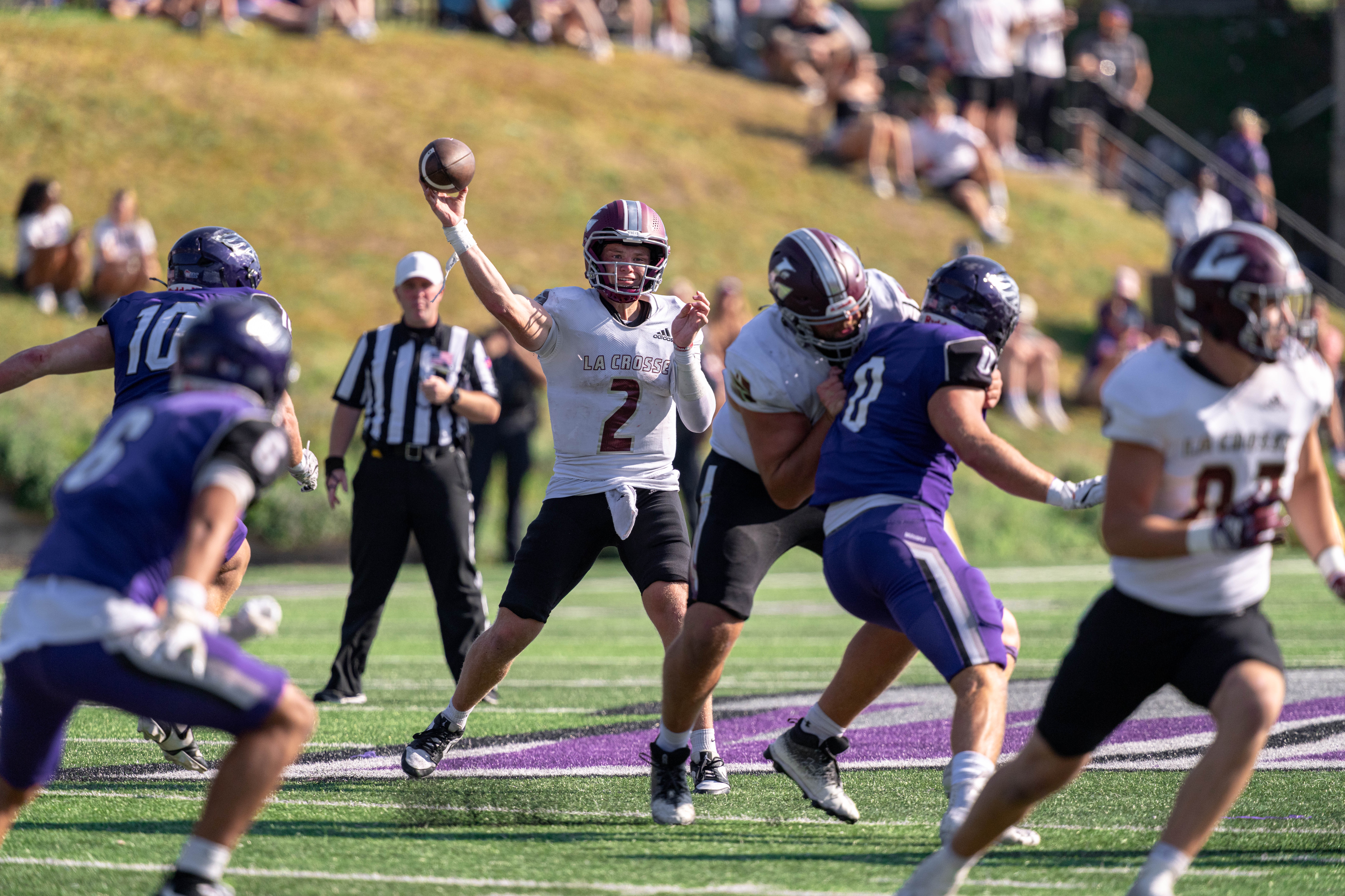 Oct 4, 2025; Whitewater, Wisconsin, USA; University of Wisconsin-La Crosse Eagles quarterback Kyle Haas (2) attempts a pass durning a college football game between the University of Wisconsin-Whitewater Warhawks and the University of Wisconsin-La Crosse Eagles at Perkins Stadium on October 04, 2025 in Whitewater, Wisconsin. Photography by Ross Harried for Second Crop Sports.