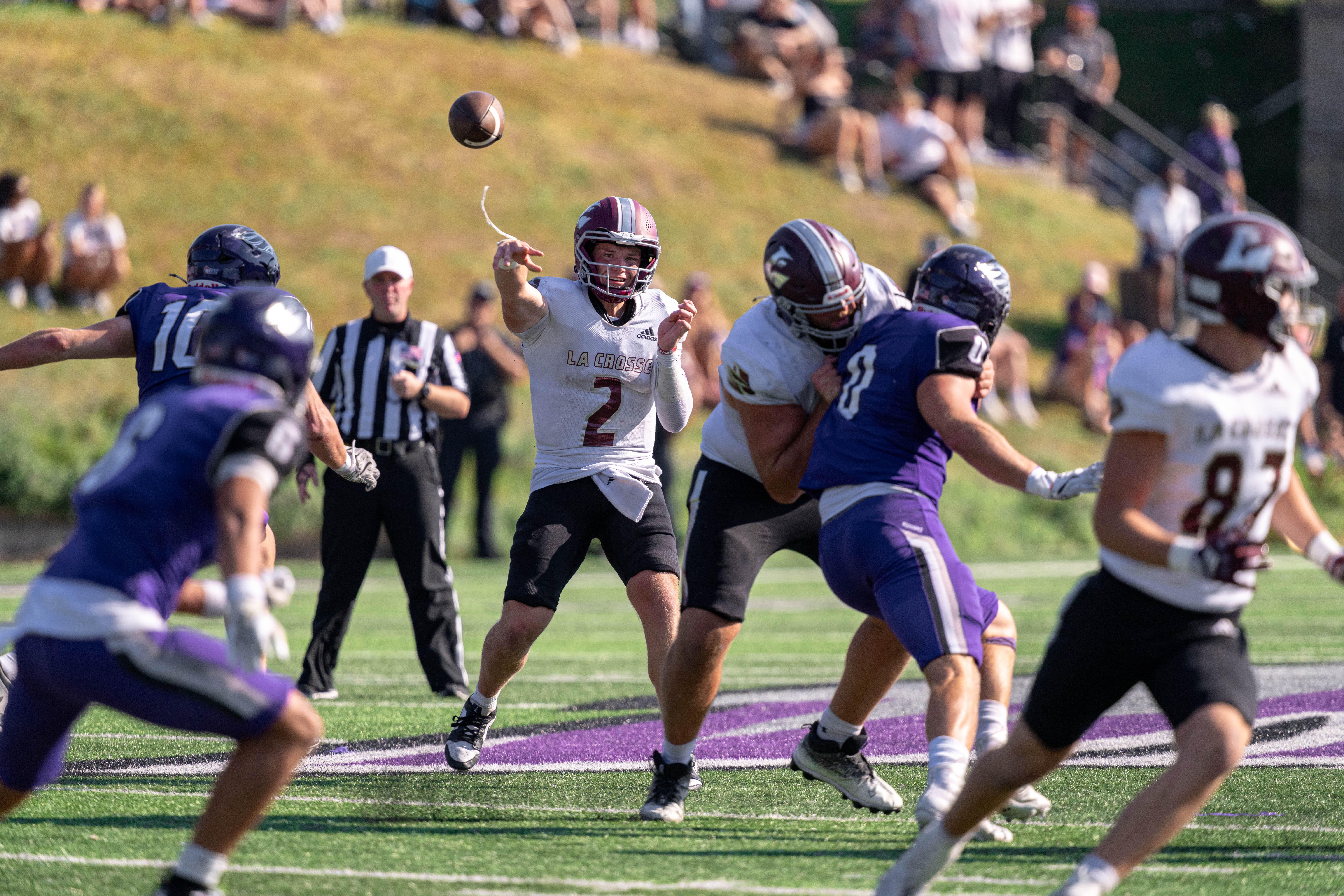 Oct 4, 2025; Whitewater, Wisconsin, USA; University of Wisconsin-La Crosse Eagles quarterback Kyle Haas (2) attempts a pass durning a college football game between the University of Wisconsin-Whitewater Warhawks and the University of Wisconsin-La Crosse Eagles at Perkins Stadium on October 04, 2025 in Whitewater, Wisconsin. Photography by Ross Harried for Second Crop Sports.