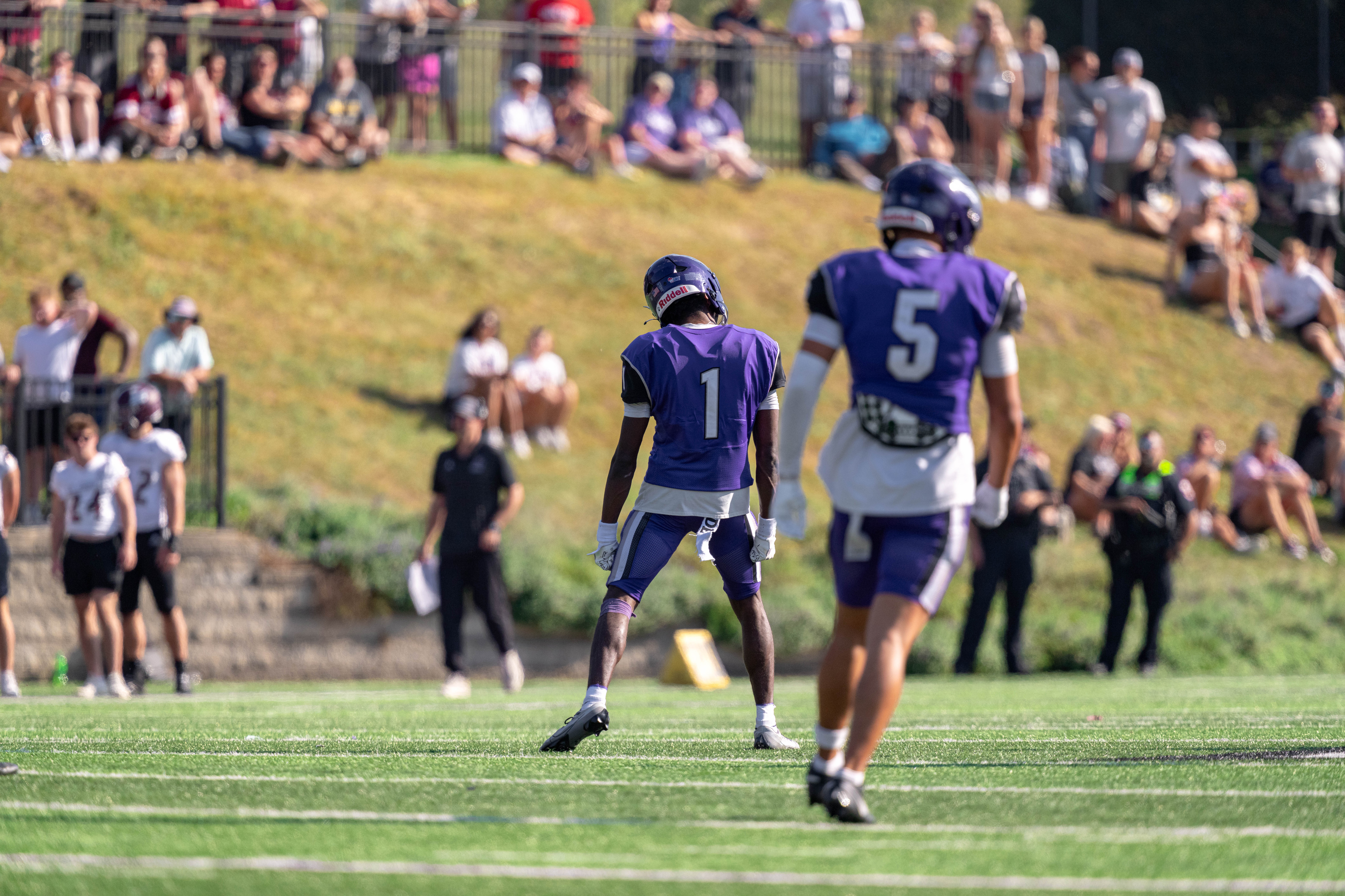 Oct 4, 2025; Whitewater, Wisconsin, USA; University of Wisconsin-Whitewater Warhawks defensive back T.Y. Harvey (1) celebrates after a play durning a college football game between the University of Wisconsin-Whitewater Warhawks and the University of Wisconsin-La Crosse Eagles at Perkins Stadium on October 04, 2025 in Whitewater, Wisconsin. Photography by Ross Harried for Second Crop Sports.