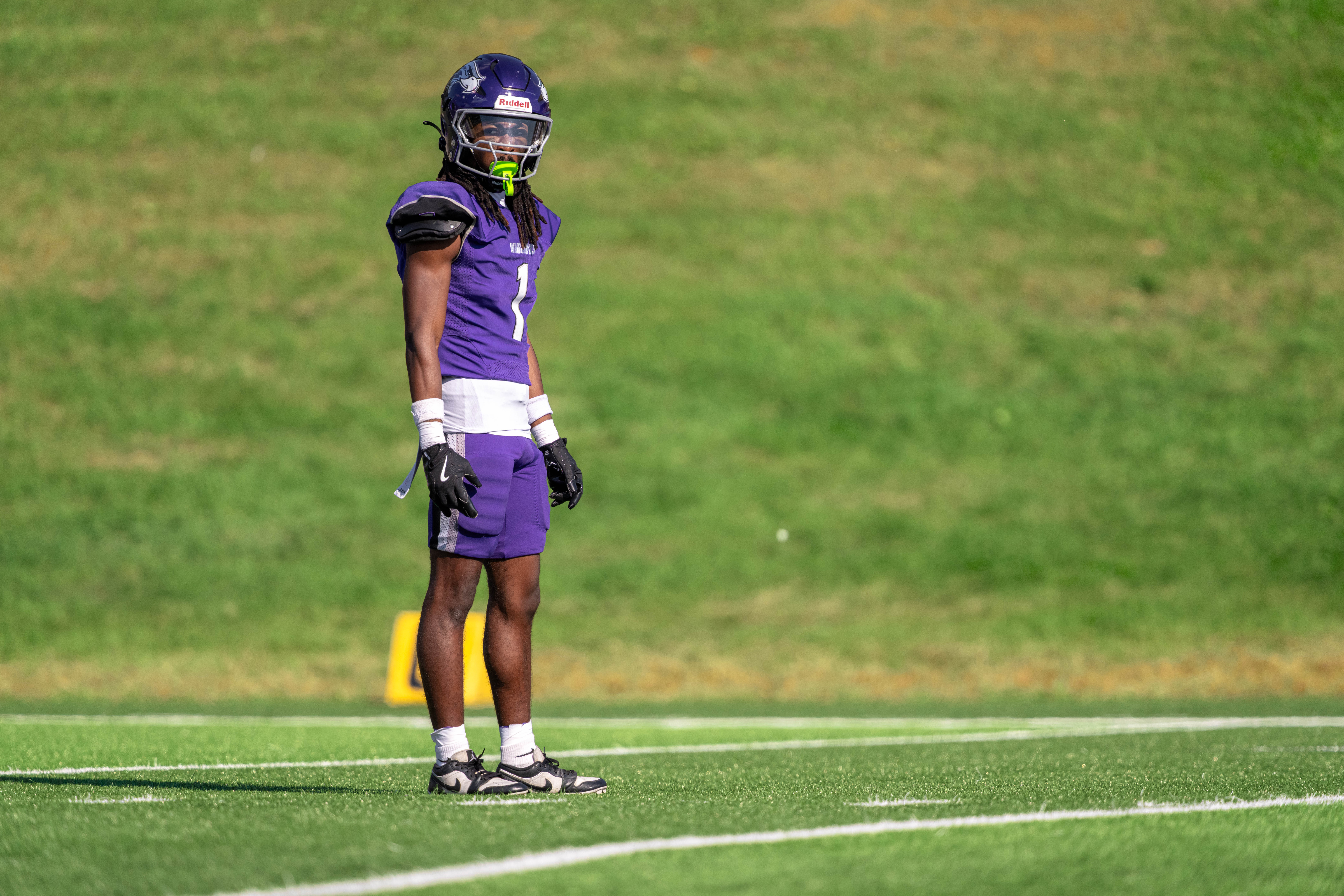 Oct 4, 2025; Whitewater, Wisconsin, USA; University of Wisconsin-Whitewater Warhawks wide receiver Christian Crump (1) gets ready to receive a kickoff durning a college football game between the University of Wisconsin-Whitewater Warhawks and the University of Wisconsin-La Crosse Eagles at Perkins Stadium on October 04, 2025 in Whitewater, Wisconsin. Photography by Ross Harried for Second Crop Sports.