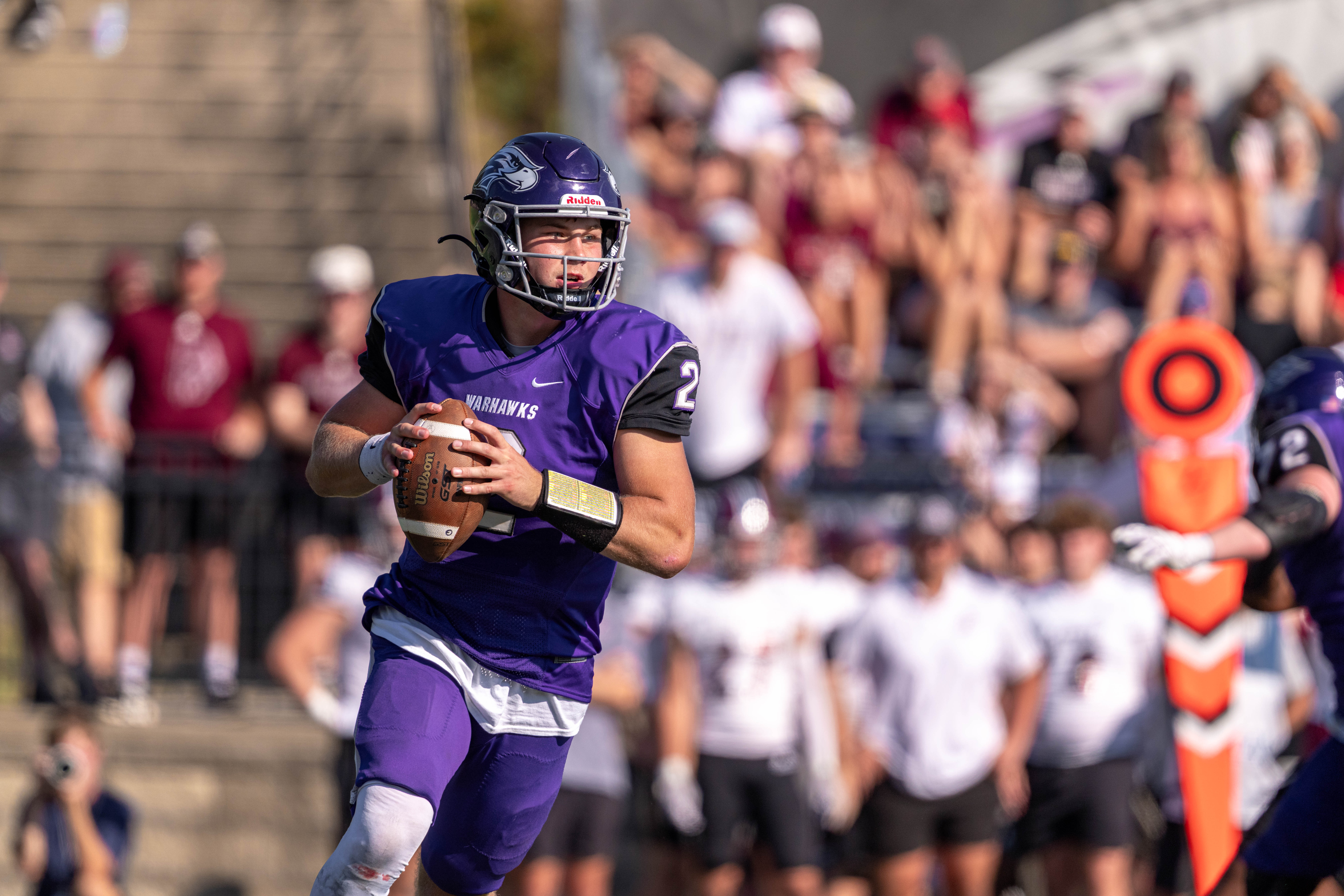 Oct 4, 2025; Whitewater, Wisconsin, USA; University of Wisconsin-Whitewater Warhawks quarterback Justin Klinkner (2) looks to pass durning a college football game between the University of Wisconsin-Whitewater Warhawks and the University of Wisconsin-La Crosse Eagles at Perkins Stadium on October 04, 2025 in Whitewater, Wisconsin. Photography by Ross Harried for Second Crop Sports.