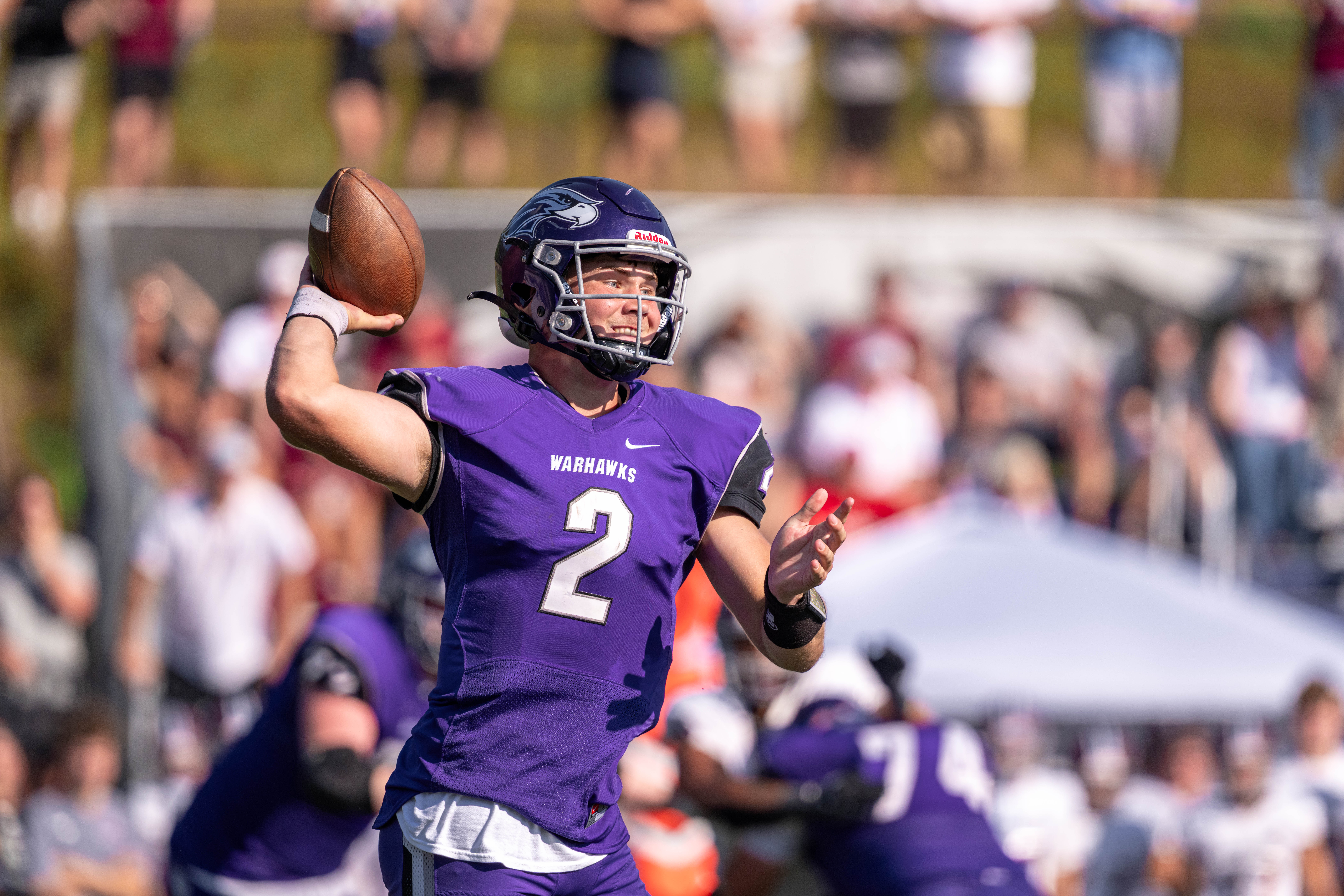 Oct 4, 2025; Whitewater, Wisconsin, USA; University of Wisconsin-Whitewater Warhawks quarterback Justin Klinkner (2) looks to pass durning a college football game between the University of Wisconsin-Whitewater Warhawks and the University of Wisconsin-La Crosse Eagles at Perkins Stadium on October 04, 2025 in Whitewater, Wisconsin. Photography by Ross Harried for Second Crop Sports.