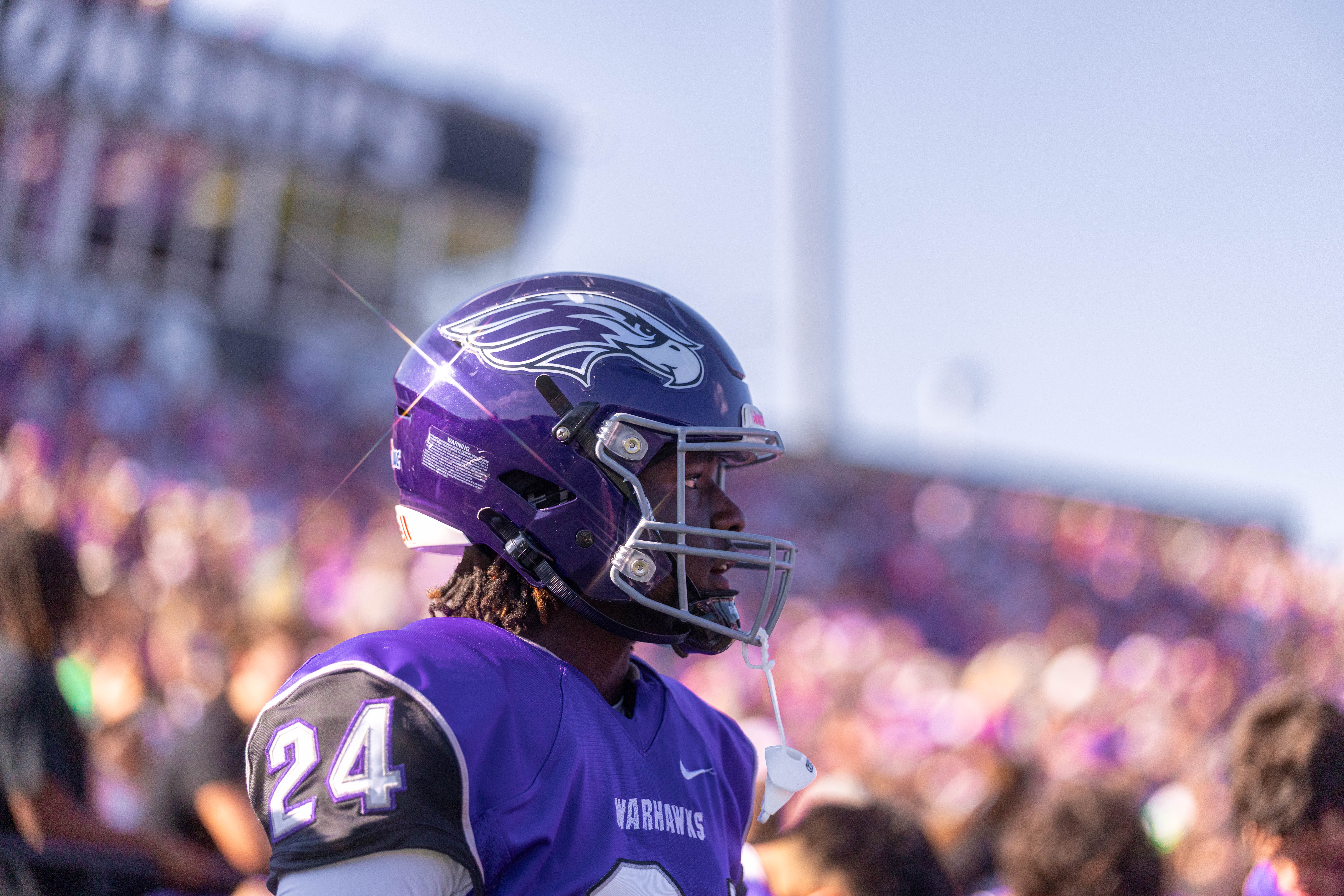 Oct 4, 2025; Whitewater, Wisconsin, USA; University of Wisconsin-Whitewater Warhawks defensive back Malik Robinson (24) durning a college football game between the University of Wisconsin-Whitewater Warhawks and the University of Wisconsin-La Crosse Eagles at Perkins Stadium on October 04, 2025 in Whitewater, Wisconsin. Photography by Ross Harried for Second Crop Sports.