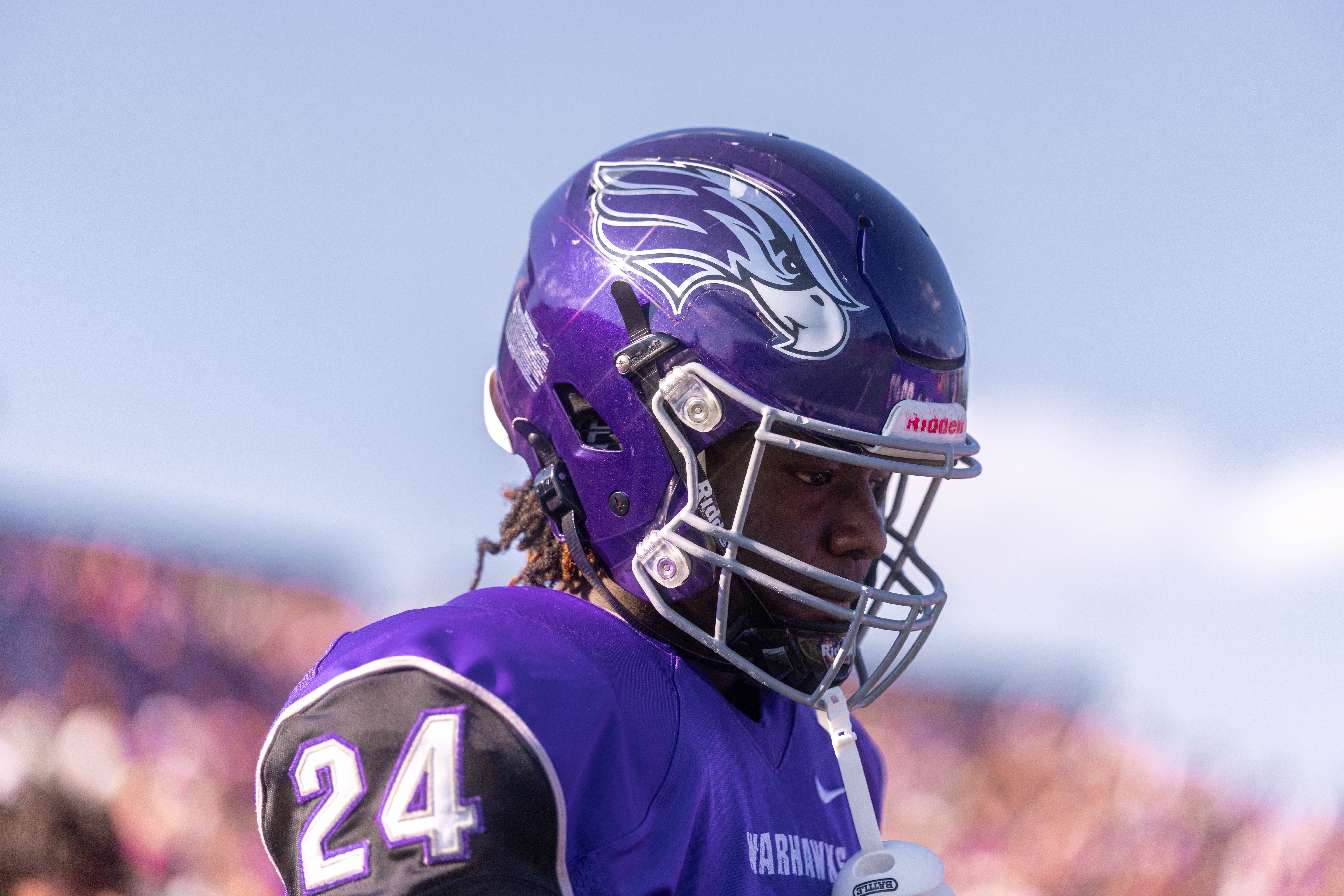 Oct 4, 2025; Whitewater, Wisconsin, USA; University of Wisconsin-Whitewater Warhawks defensive back Malik Robinson (24) durning a college football game between the University of Wisconsin-Whitewater Warhawks and the University of Wisconsin-La Crosse Eagles at Perkins Stadium on October 04, 2025 in Whitewater, Wisconsin. Photography by Ross Harried for Second Crop Sports.