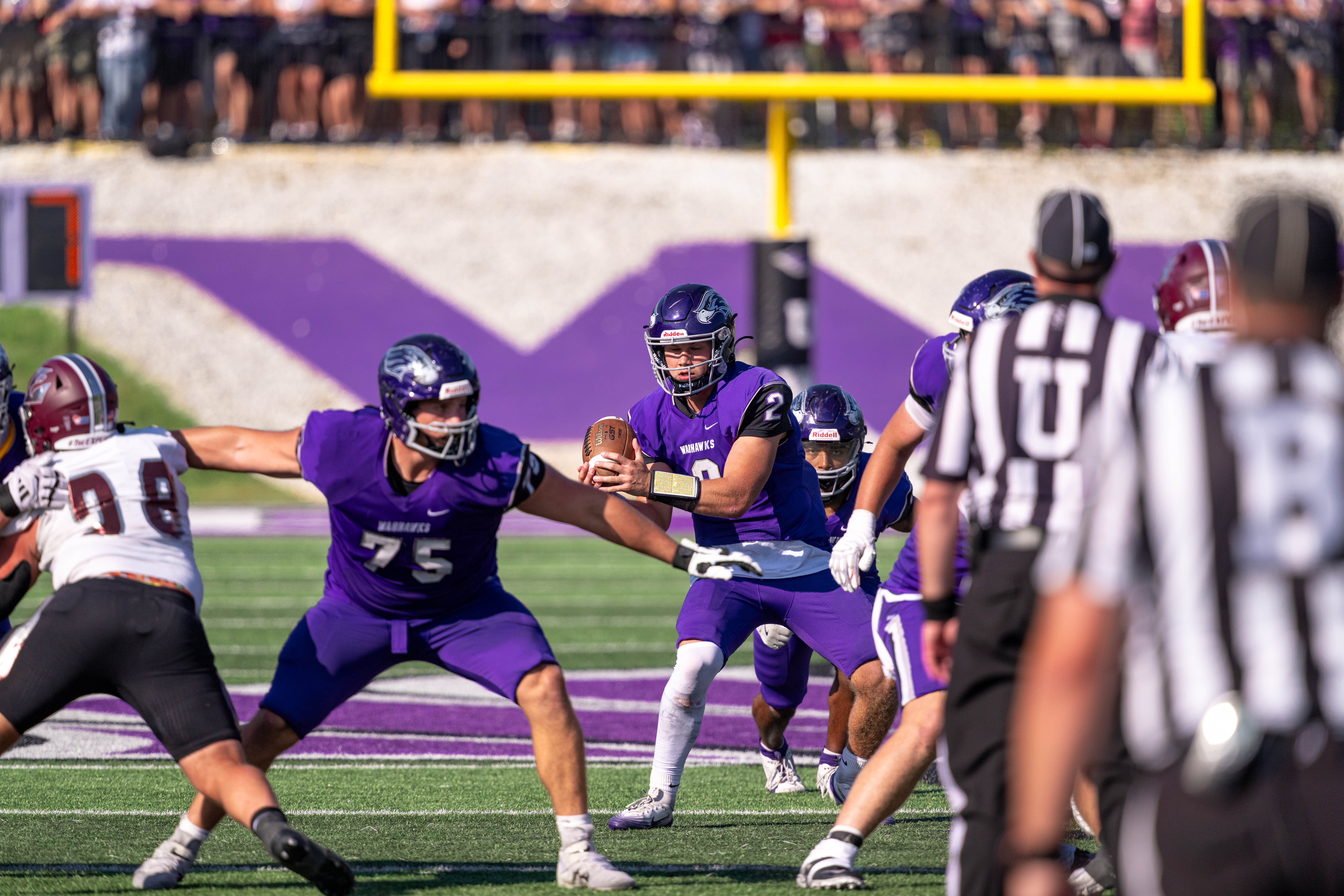 Oct 4, 2025; Whitewater, Wisconsin, USA; University of Wisconsin-Whitewater Warhawks quarterback Justin Klinkner (2) takes a snap durning a college football game between the University of Wisconsin-Whitewater Warhawks and the University of Wisconsin-La Crosse Eagles at Perkins Stadium on October 04, 2025 in Whitewater, Wisconsin. Photography by Ross Harried for Second Crop Sports.