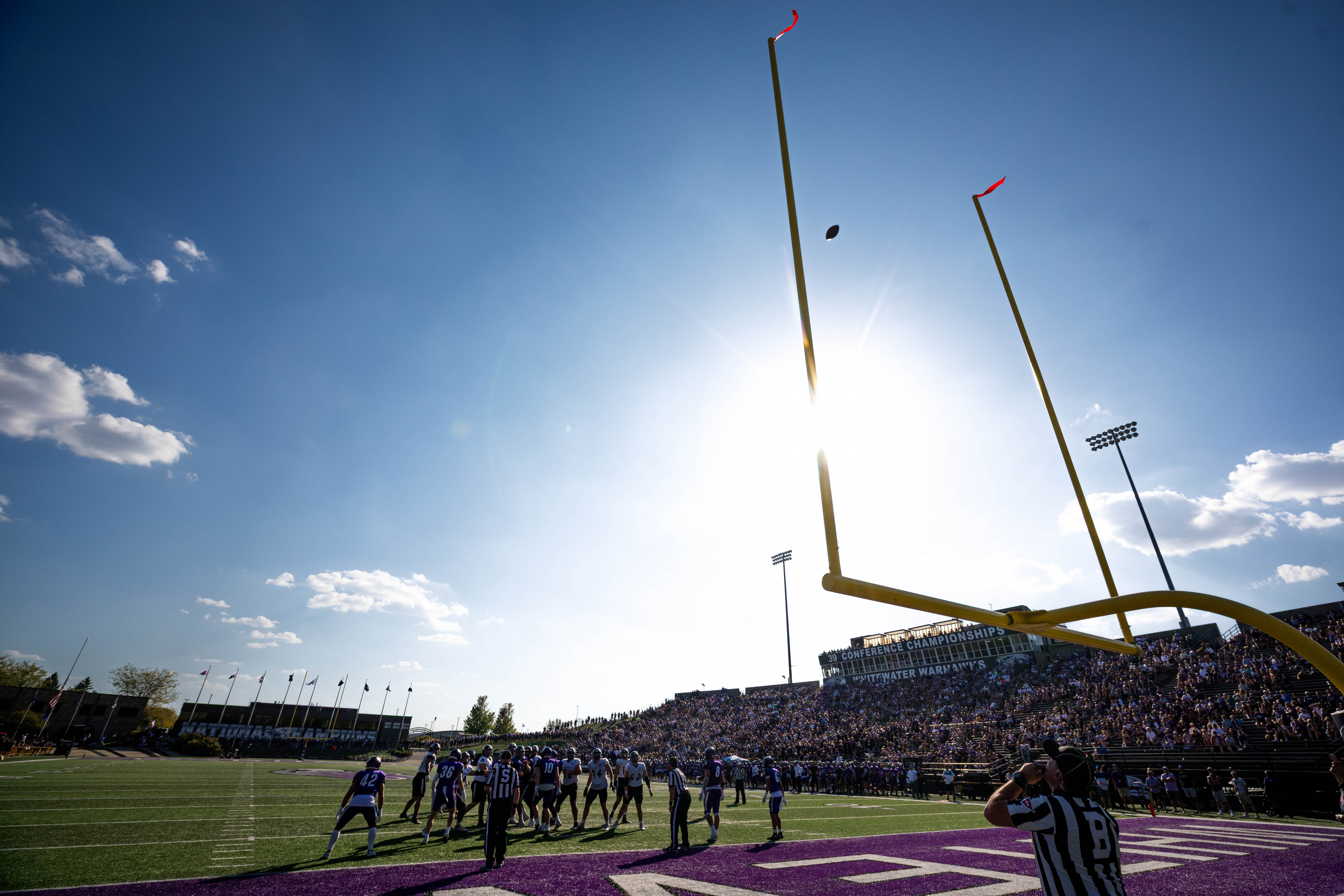 Oct 4, 2025; Whitewater, Wisconsin, USA; The University of Wisconsin-La Crosse Eagles hit the game-tying field goal to send the game into overtime durning a college football game between the University of Wisconsin-Whitewater Warhawks and the University of Wisconsin-La Crosse Eagles at Perkins Stadium on October 04, 2025 in Whitewater, Wisconsin. Photography by Ross Harried for Second Crop Sports.