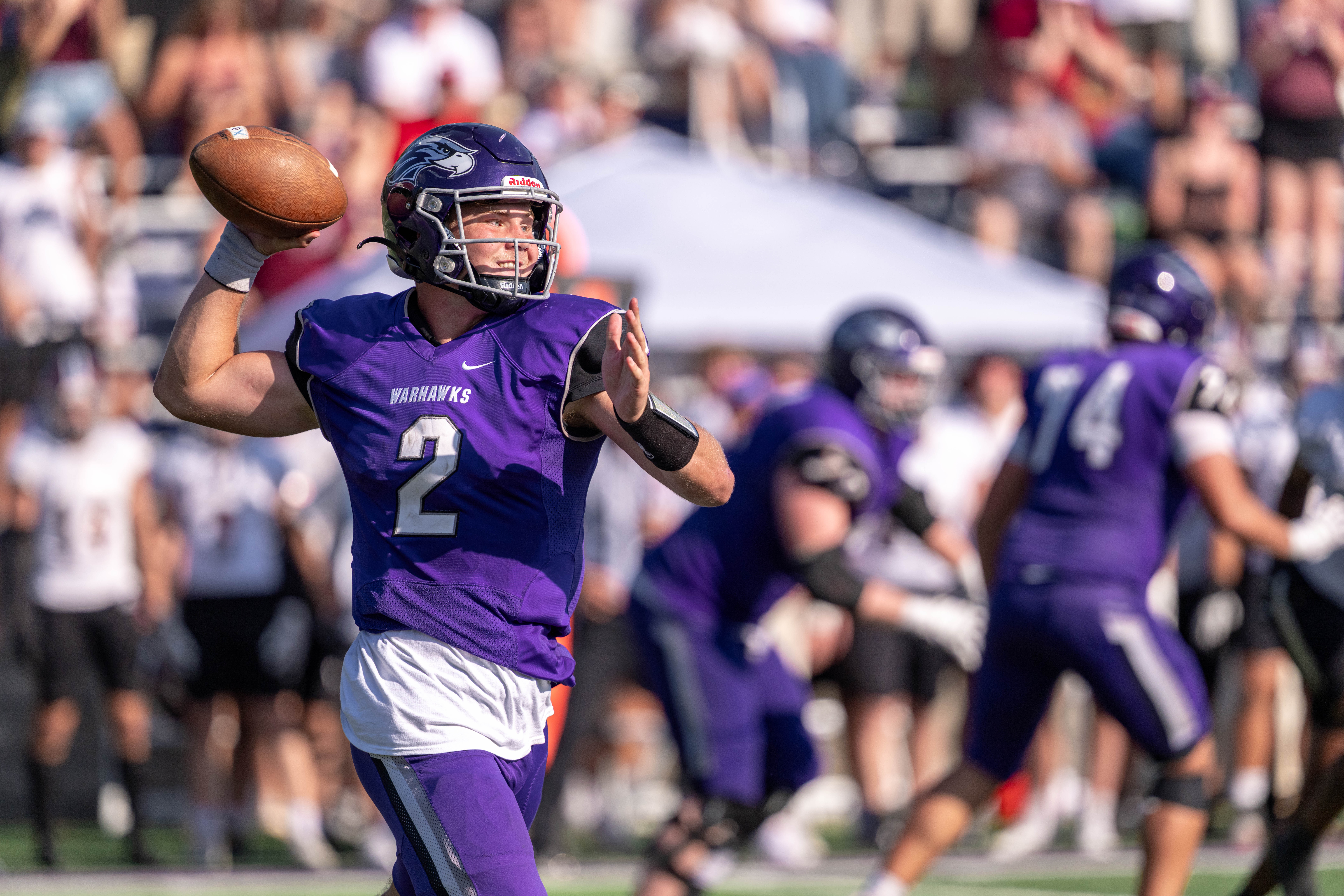 Oct 4, 2025; Whitewater, Wisconsin, USA; University of Wisconsin-Whitewater Warhawks quarterback Justin Klinkner (2)attempts a pass durning a college football game between the University of Wisconsin-Whitewater Warhawks and the University of Wisconsin-La Crosse Eagles at Perkins Stadium on October 04, 2025 in Whitewater, Wisconsin. Photography by Ross Harried for Second Crop Sports.