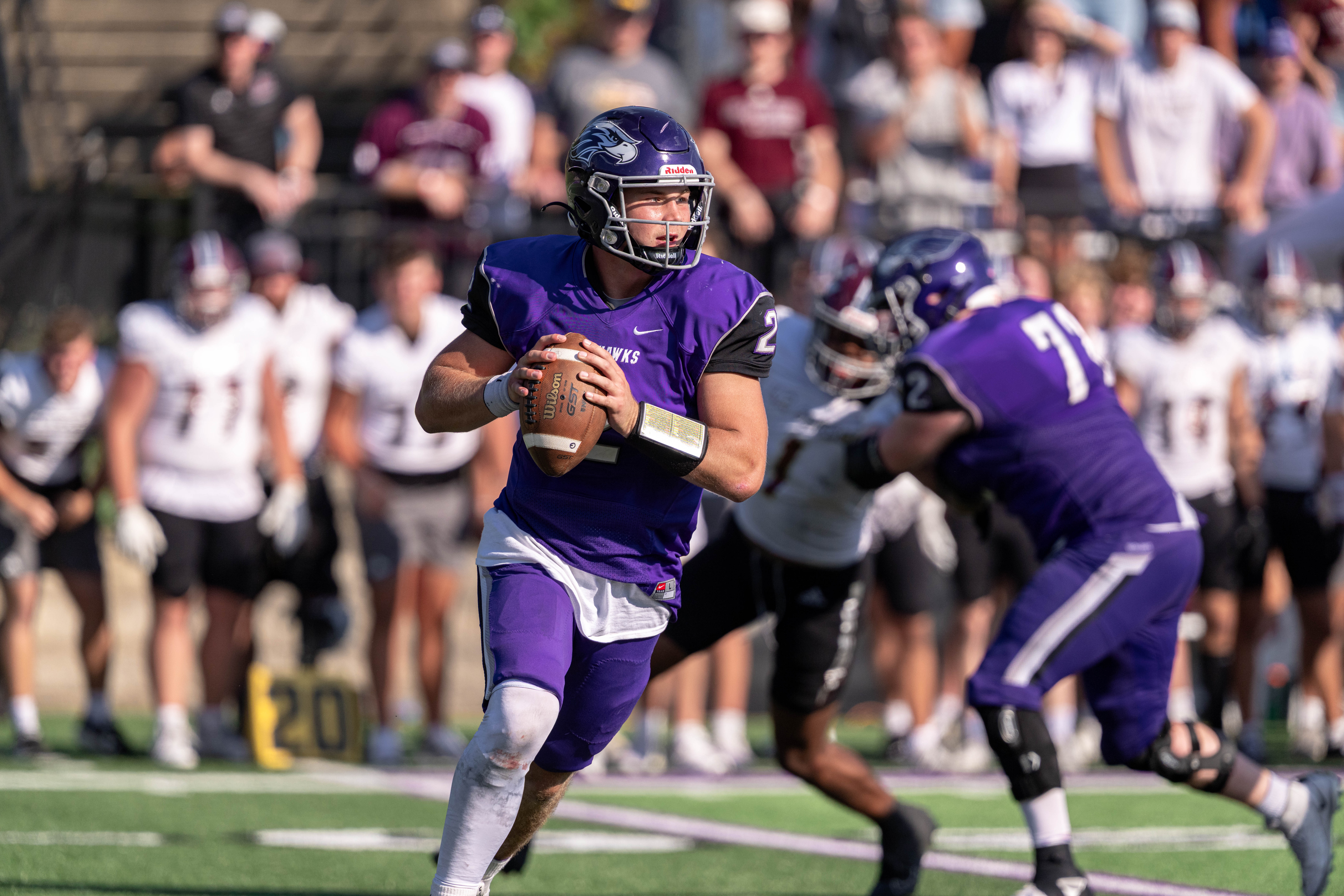 Oct 4, 2025; Whitewater, Wisconsin, USA; University of Wisconsin-Whitewater Warhawks quarterback Justin Klinkner (2) looks to pass durning a college football game between the University of Wisconsin-Whitewater Warhawks and the University of Wisconsin-La Crosse Eagles at Perkins Stadium on October 04, 2025 in Whitewater, Wisconsin. Photography by Ross Harried for Second Crop Sports.