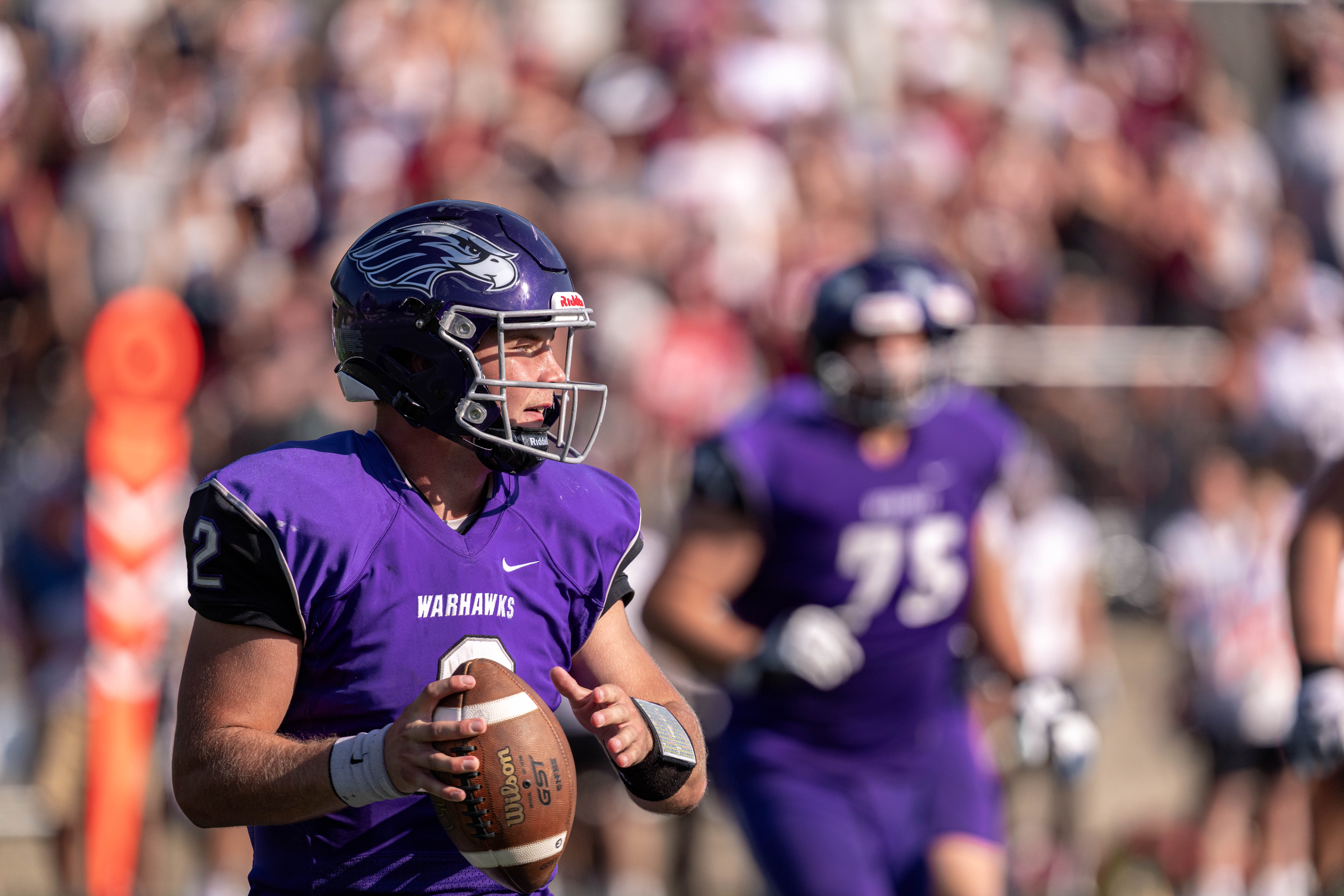 Oct 4, 2025; Whitewater, Wisconsin, USA; University of Wisconsin-Whitewater Warhawks quarterback Justin Klinkner (2) looks to pass durning a college football game between the University of Wisconsin-Whitewater Warhawks and the University of Wisconsin-La Crosse Eagles at Perkins Stadium on October 04, 2025 in Whitewater, Wisconsin. Photography by Ross Harried for Second Crop Sports.