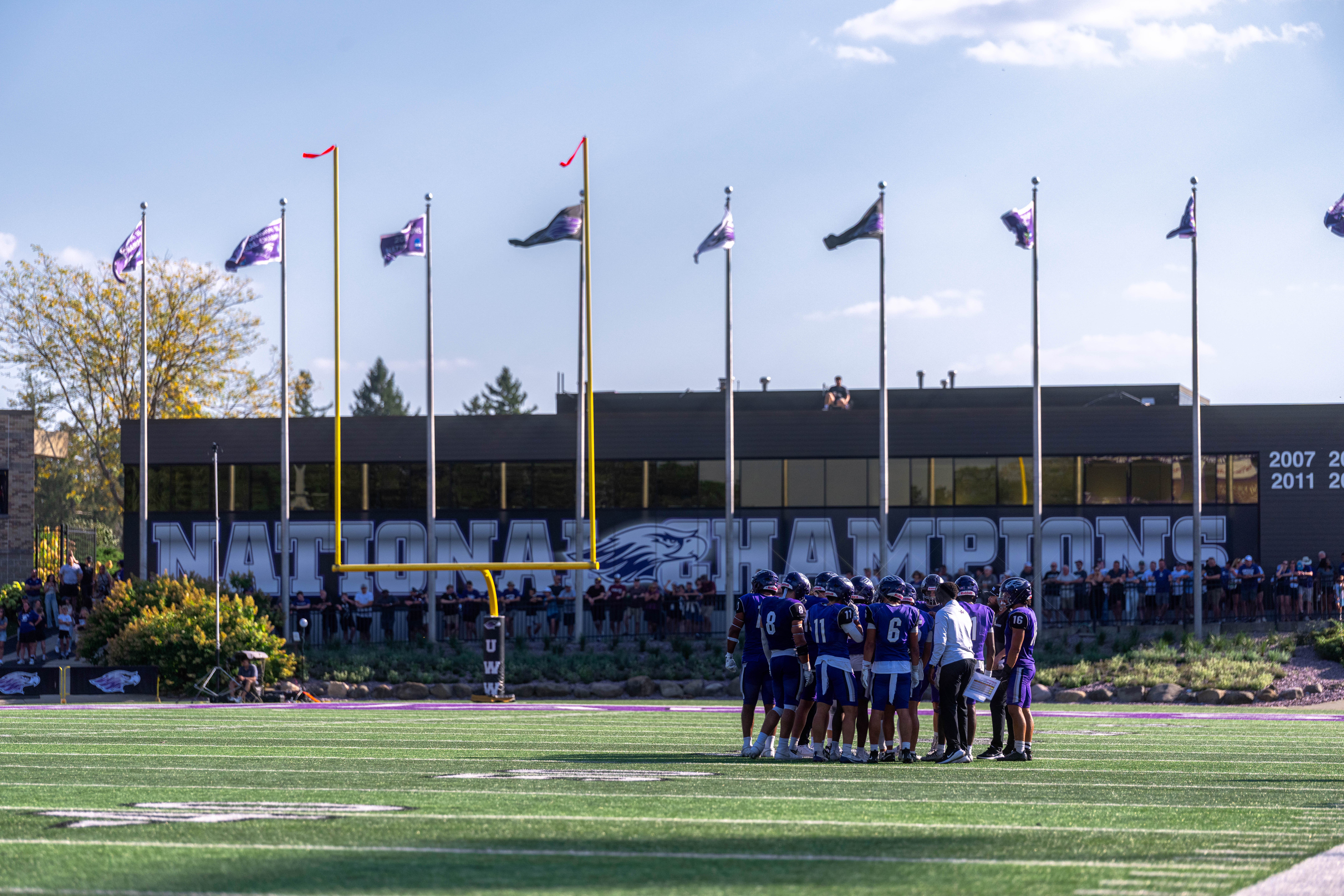 Oct 4, 2025; Whitewater, Wisconsin, USA; A college football game between the University of Wisconsin-Whitewater Warhawks and the University of Wisconsin-La Crosse Eagles at Perkins Stadium on October 04, 2025 in Whitewater, Wisconsin. Photography by Ross Harried for Second Crop Sports.