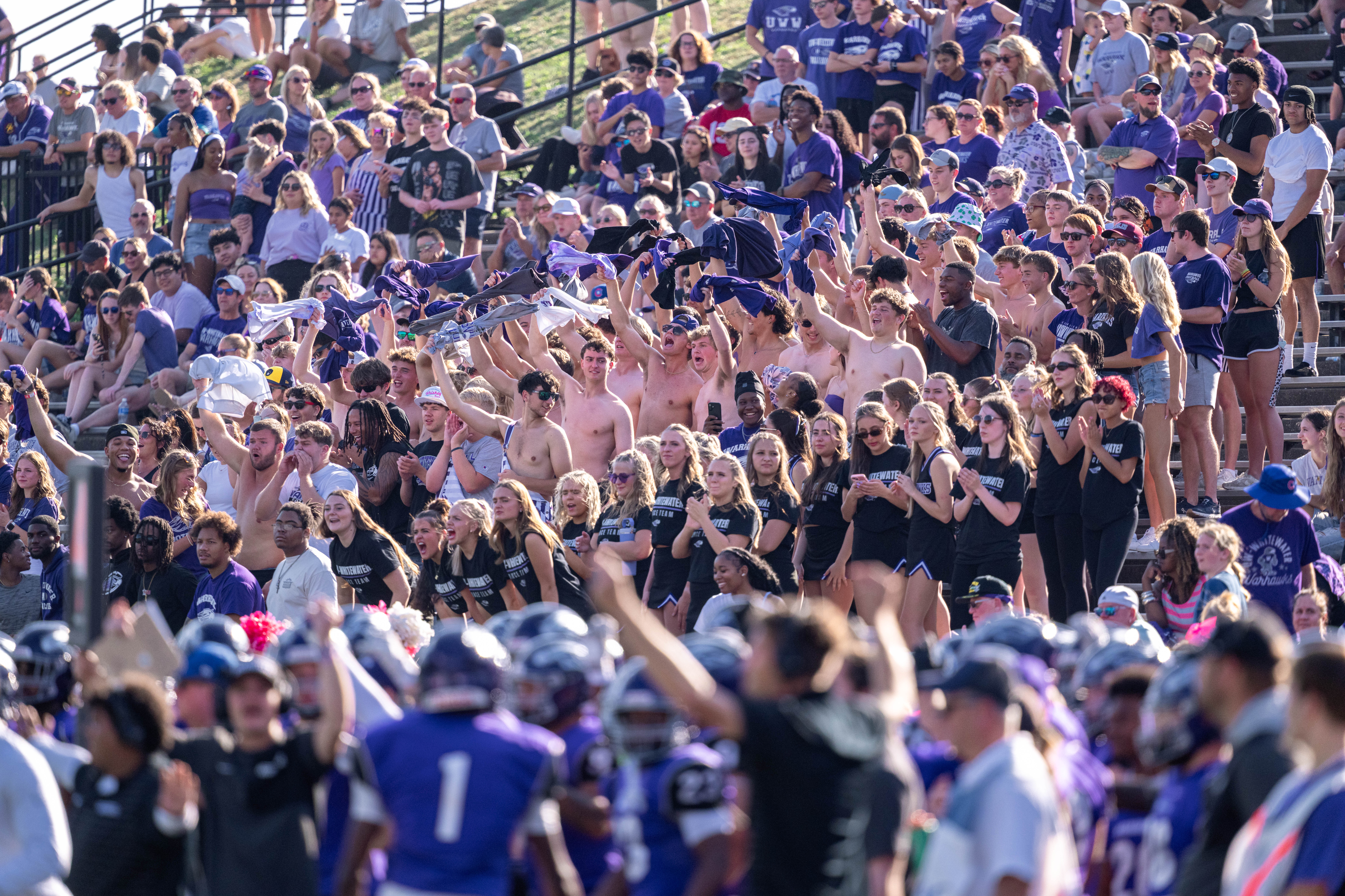 Oct 4, 2025; Whitewater, Wisconsin, USA; A college football game between the University of Wisconsin-Whitewater Warhawks and the University of Wisconsin-La Crosse Eagles at Perkins Stadium on October 04, 2025 in Whitewater, Wisconsin. Photography by Ross Harried for Second Crop Sports.