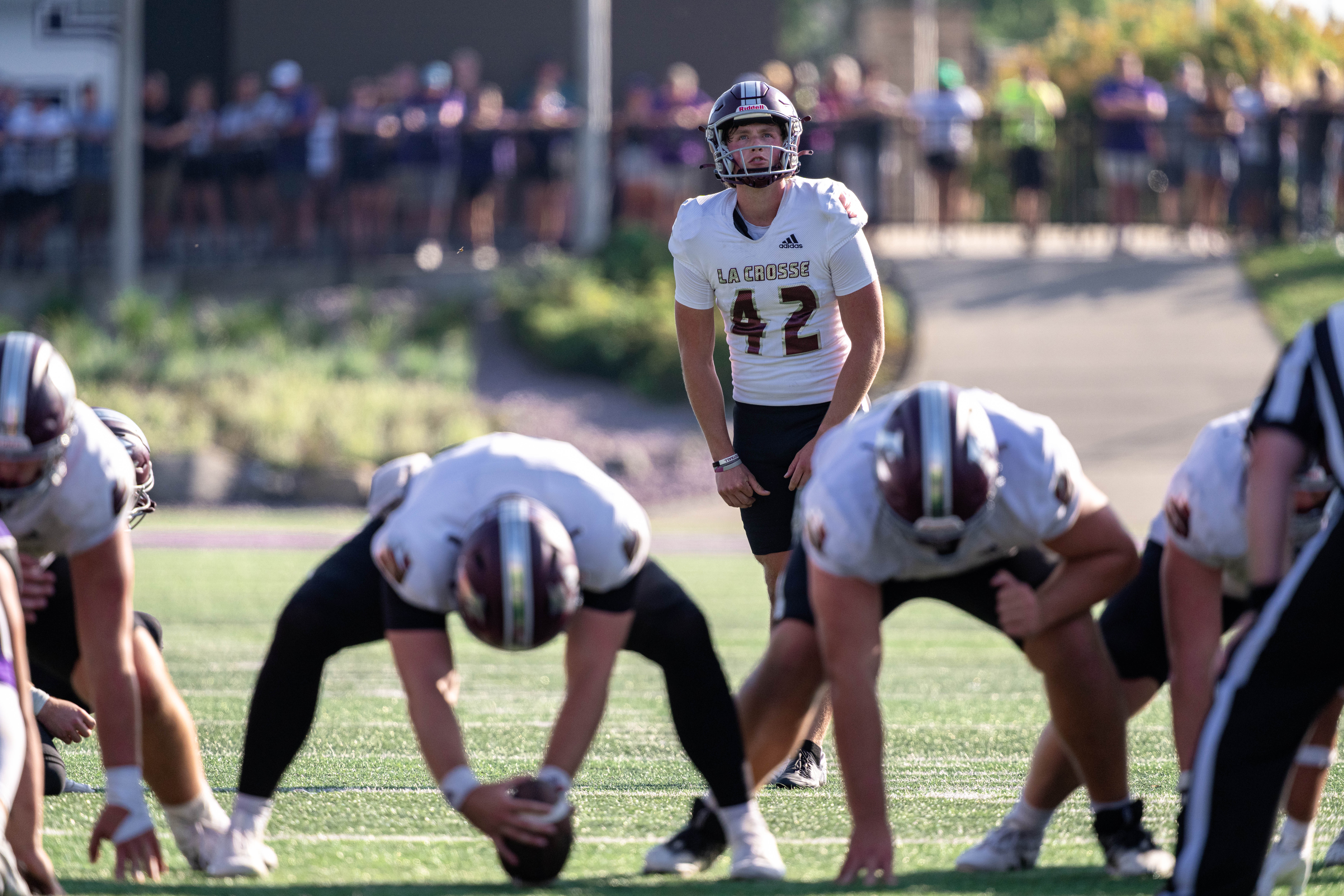 Oct 4, 2025; Whitewater, Wisconsin, USA; University of Wisconsin-La Crosse Eagles kicker/punter Michael Stack (42) lines up a field goal durning a college football game between the University of Wisconsin-Whitewater Warhawks and the University of Wisconsin-La Crosse Eagles at Perkins Stadium on October 04, 2025 in Whitewater, Wisconsin. Photography by Ross Harried for Second Crop Sports.