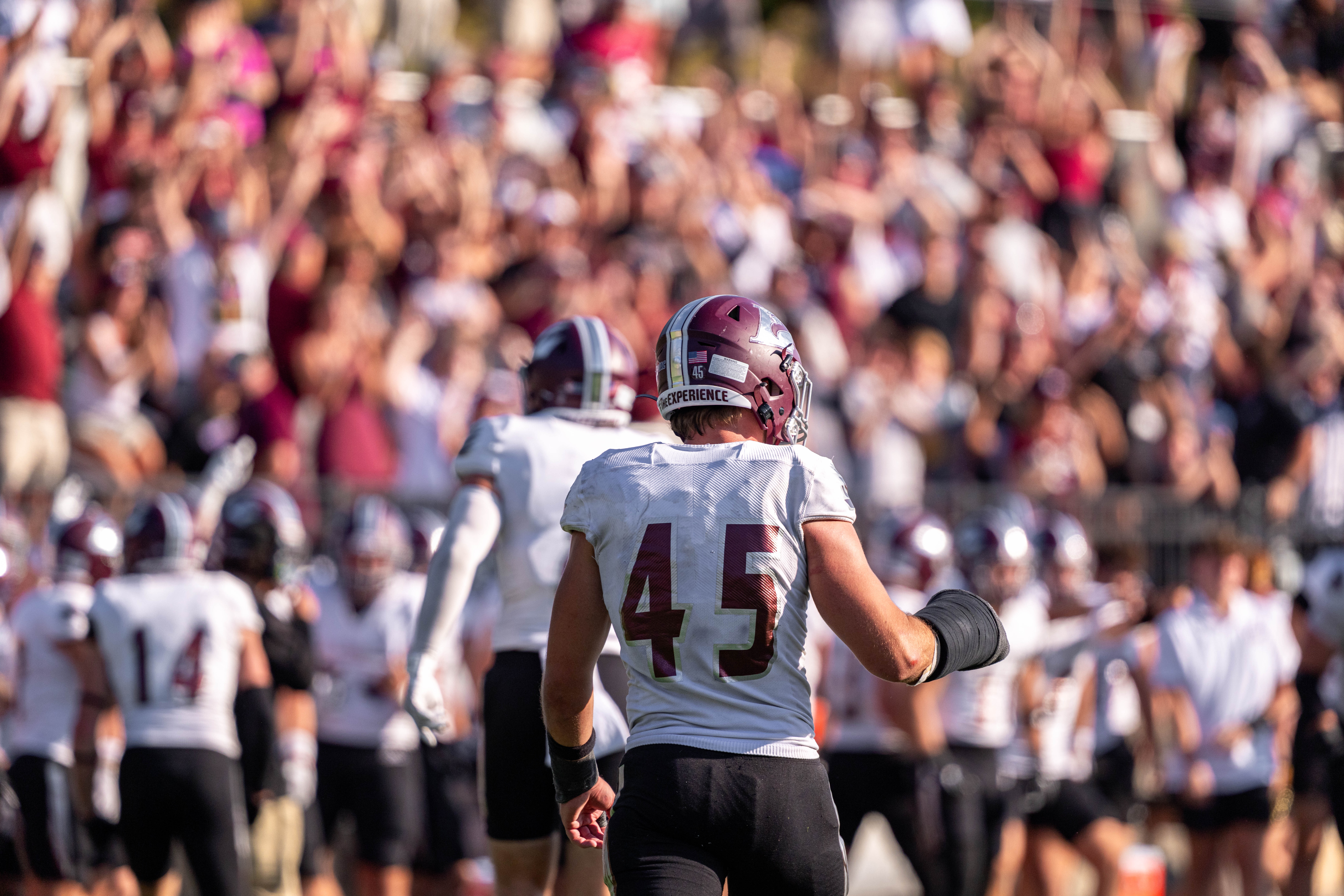 Oct 4, 2025; Whitewater, Wisconsin, USA; University of Wisconsin-La Crosse Eagles linebacker Aaron Winters (45) walks off the field durning a college football game between the University of Wisconsin-Whitewater Warhawks and the University of Wisconsin-La Crosse Eagles at Perkins Stadium on October 04, 2025 in Whitewater, Wisconsin. Photography by Ross Harried for Second Crop Sports.