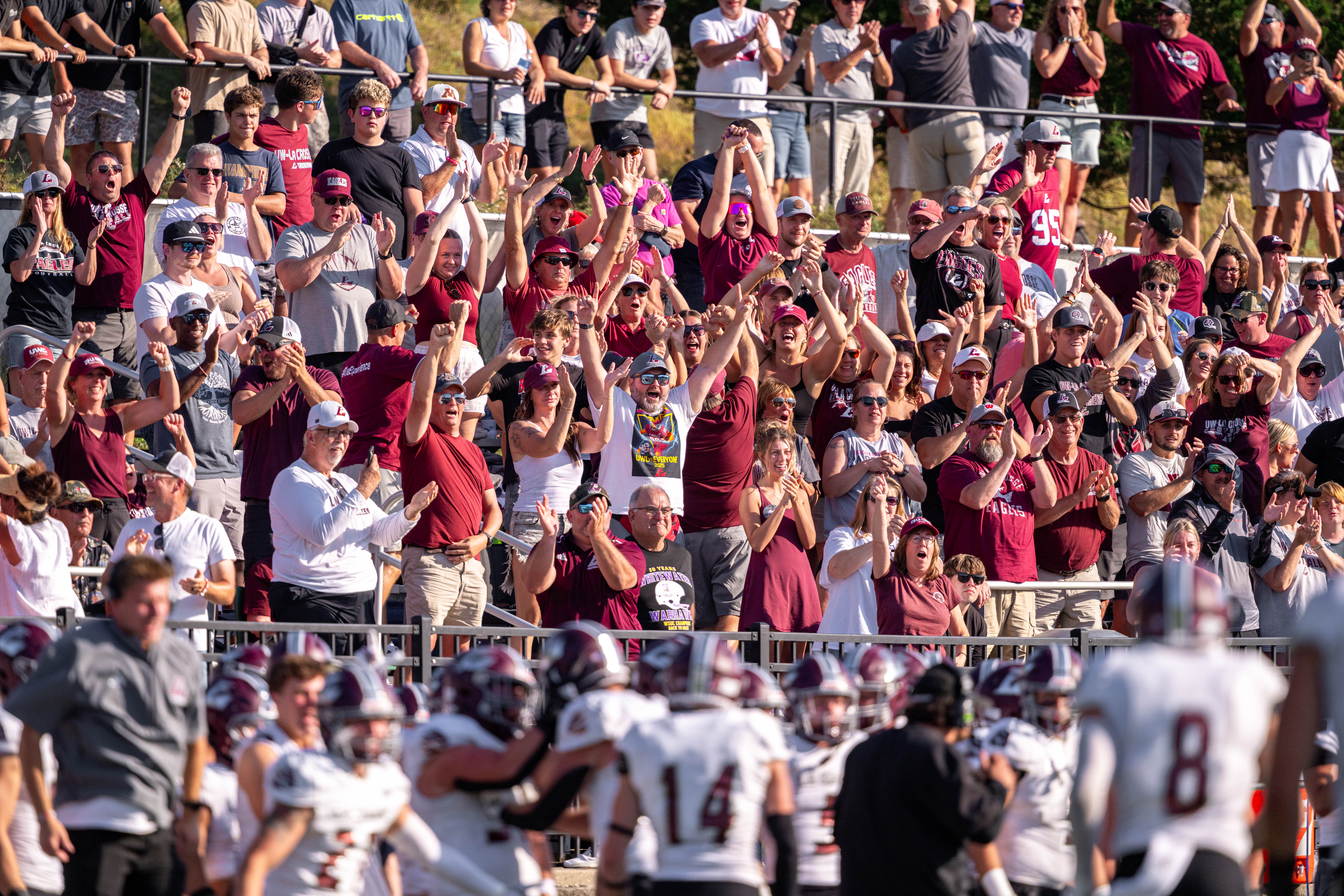 Oct 4, 2025; Whitewater, Wisconsin, USA; The University of Wisconsin-La Crosse Eagles celebrate a fumble recovery in overtime durning a college football game between the University of Wisconsin-Whitewater Warhawks and the University of Wisconsin-La Crosse Eagles at Perkins Stadium on October 04, 2025 in Whitewater, Wisconsin. Photography by Ross Harried for Second Crop Sports.
