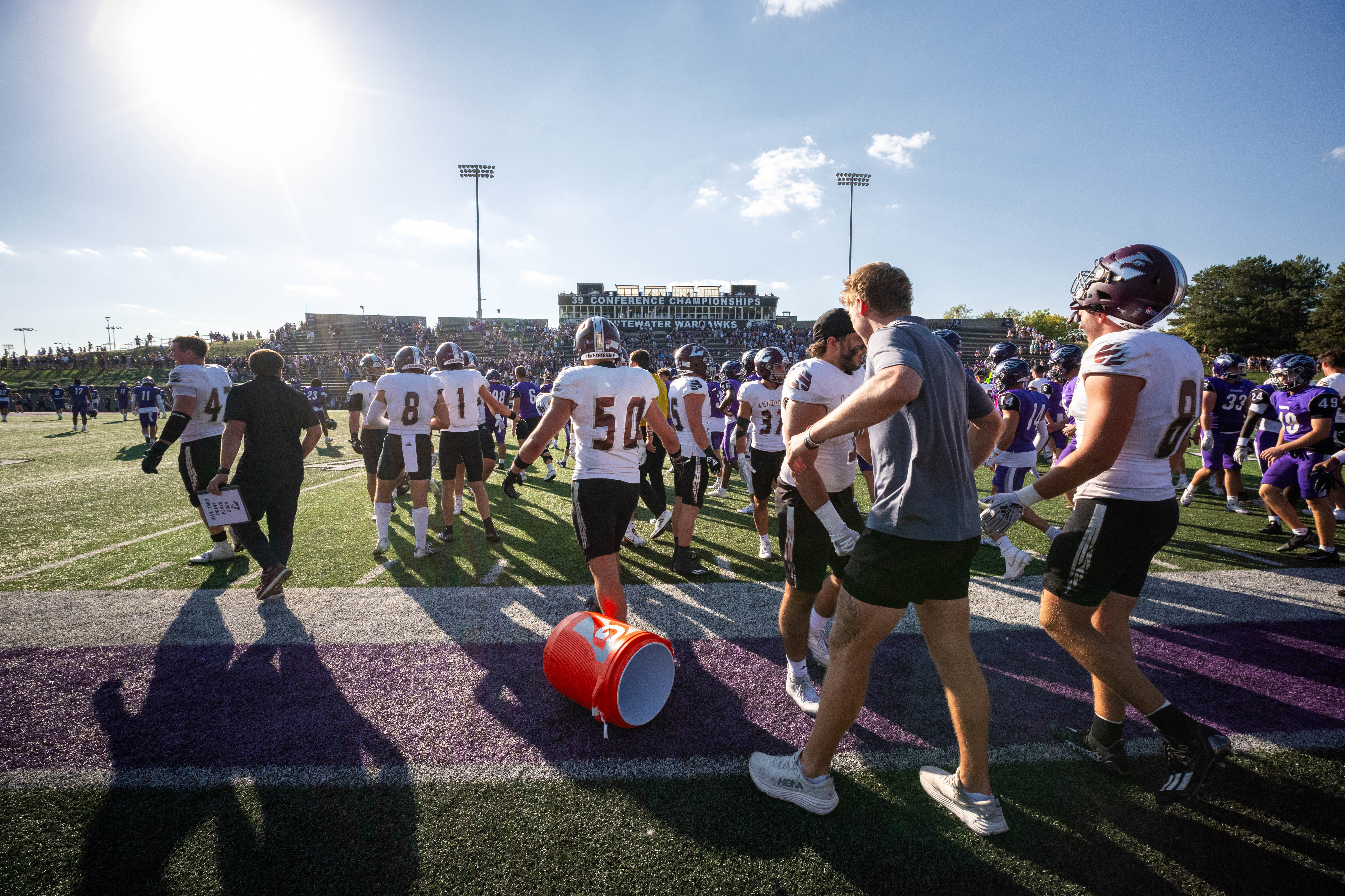 Oct 4, 2025; Whitewater, Wisconsin, USA; A college football game between the University of Wisconsin-Whitewater Warhawks and the University of Wisconsin-La Crosse Eagles at Perkins Stadium on October 04, 2025 in Whitewater, Wisconsin. Photography by Ross Harried for Second Crop Sports.