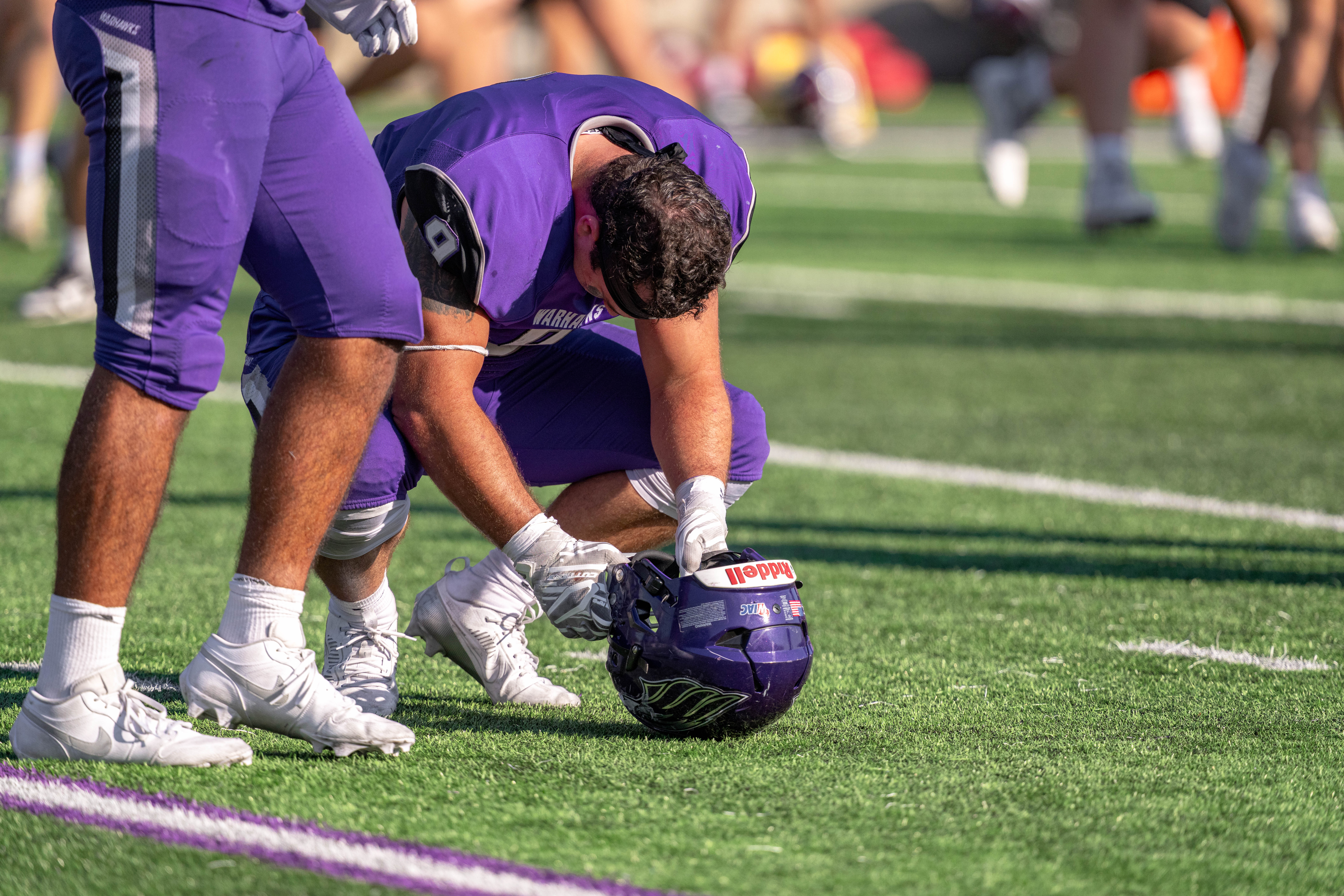 Oct 4, 2025; Whitewater, Wisconsin, USA; University of Wisconsin-Whitewater Warhawks defensive lineman Ben Bielawski (9) after a college football game between the University of Wisconsin-Whitewater Warhawks and the University of Wisconsin-La Crosse Eagles at Perkins Stadium on October 04, 2025 in Whitewater, Wisconsin. Photography by Ross Harried for Second Crop Sports.
