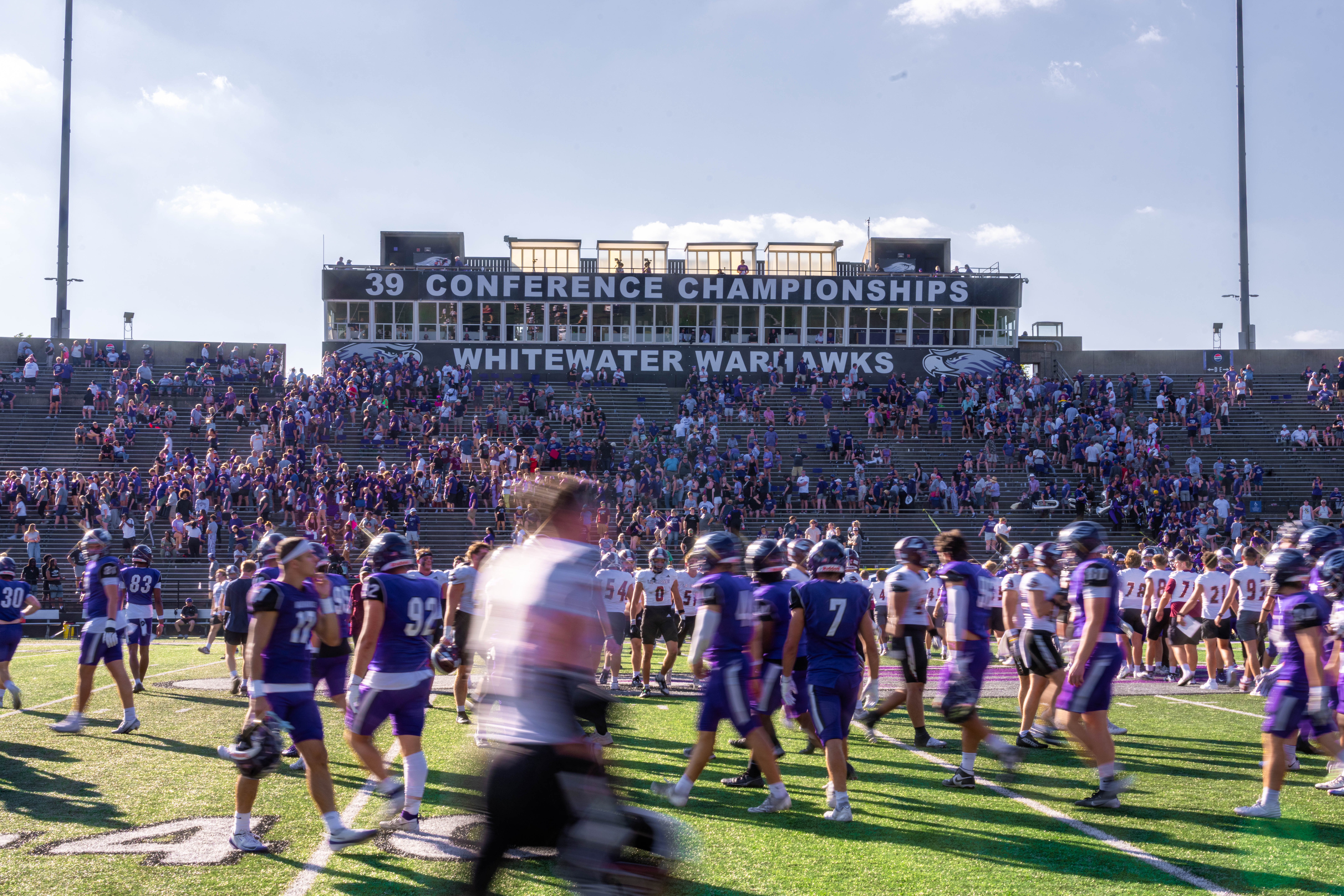 Oct 4, 2025; Whitewater, Wisconsin, USA; After a college football game between the University of Wisconsin-Whitewater Warhawks and the University of Wisconsin-La Crosse Eagles at Perkins Stadium on October 04, 2025 in Whitewater, Wisconsin. Photography by Ross Harried for Second Crop Sports.
